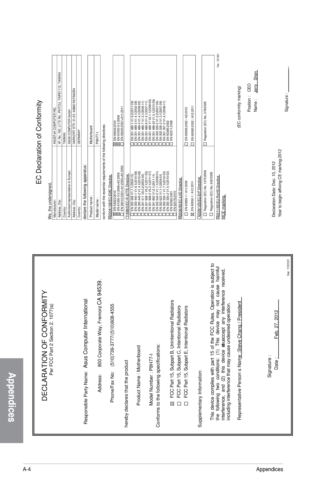 Asus P8H77-I, P8H77I manual EC Declaration of Conformity 