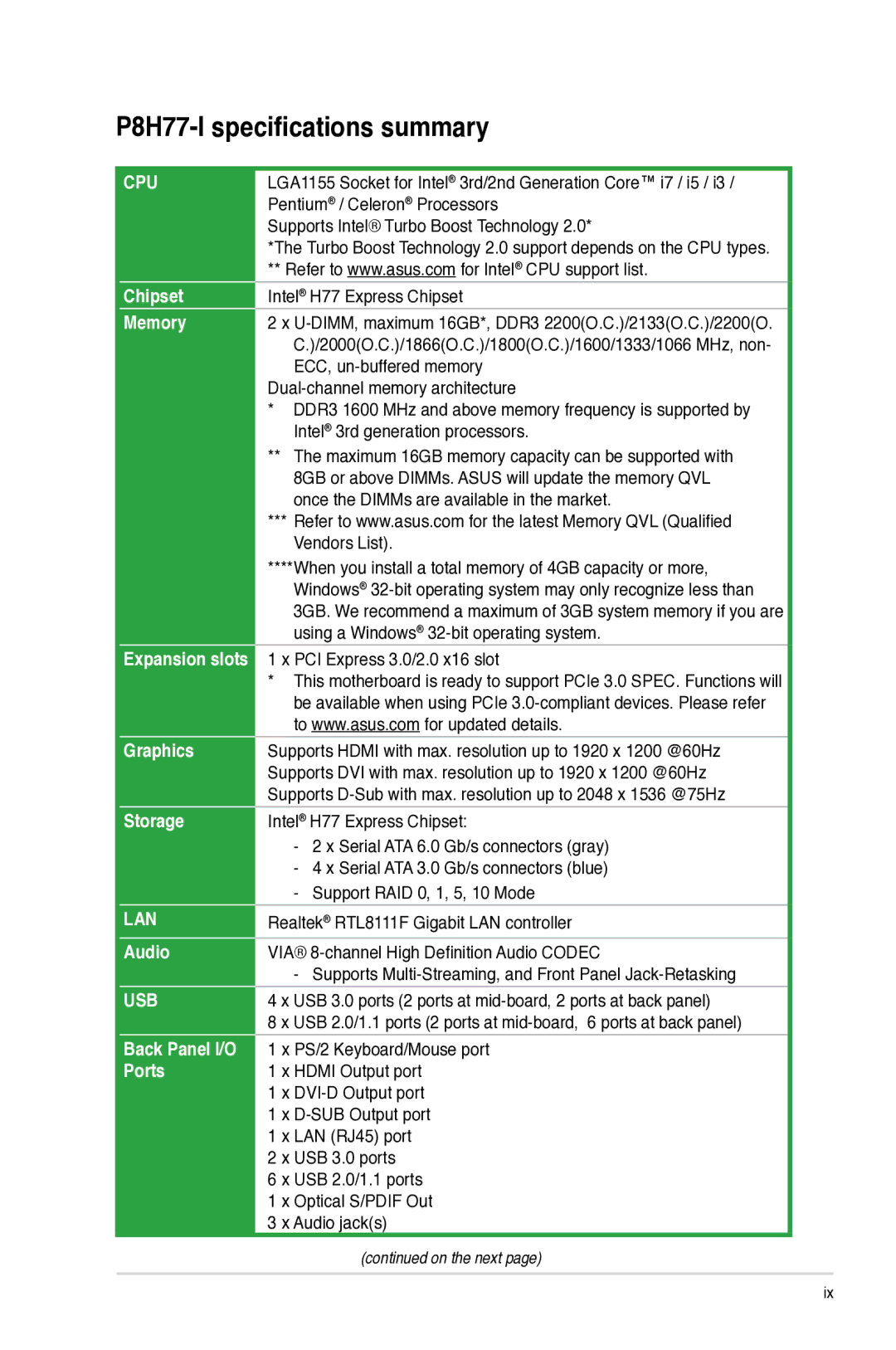 Asus P8H77I manual P8H77-I specifications summary, PCI Express 3.0/2.0 x16 slot 