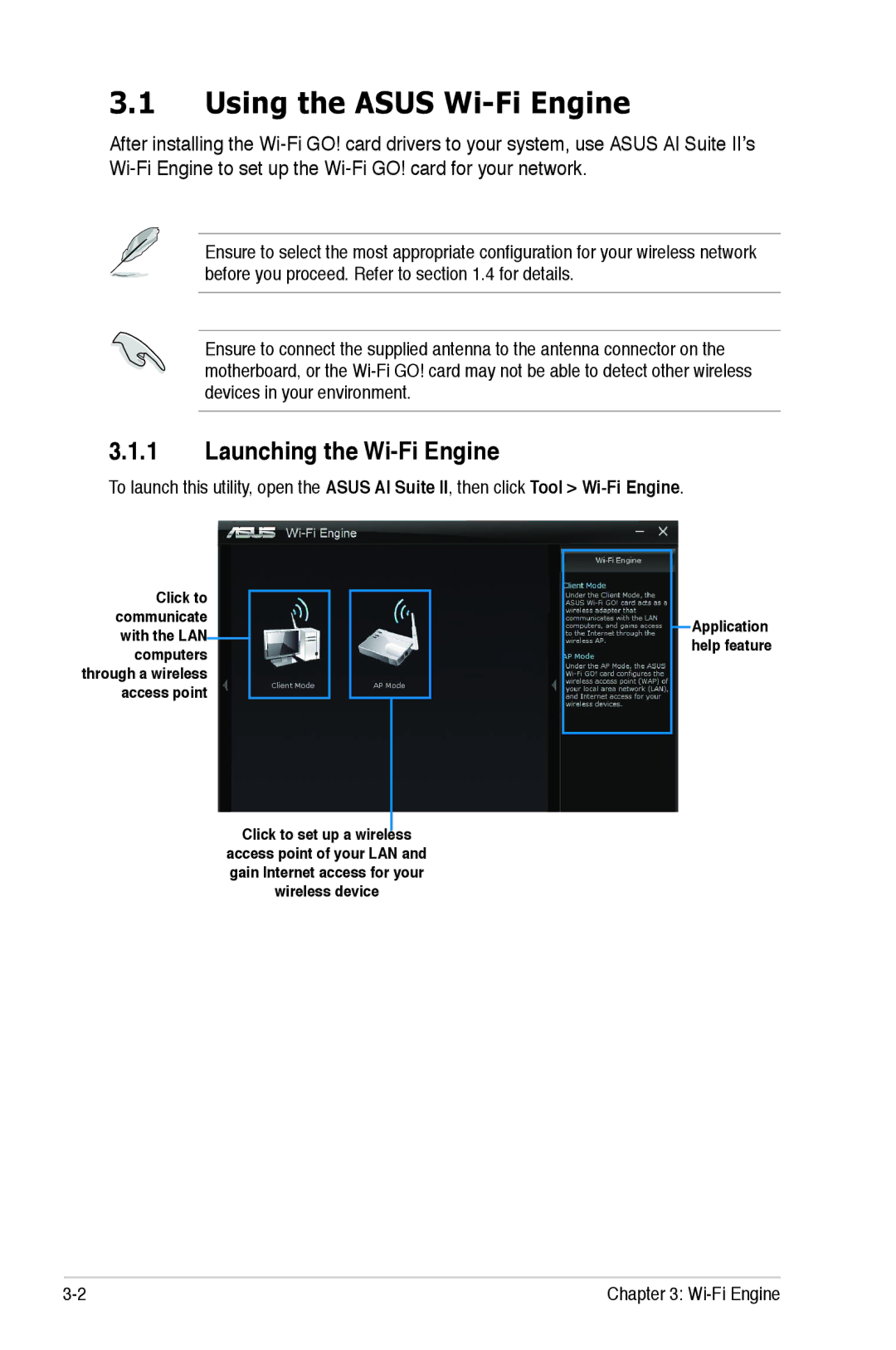 Asus P8Z77-V PRO/THNDRBLT, P8Z77 WS, P8Z77VPRO, P8Z77-V DELUXE, E7153 Using the Asus Wi-Fi Engine, Launching the Wi-Fi Engine 