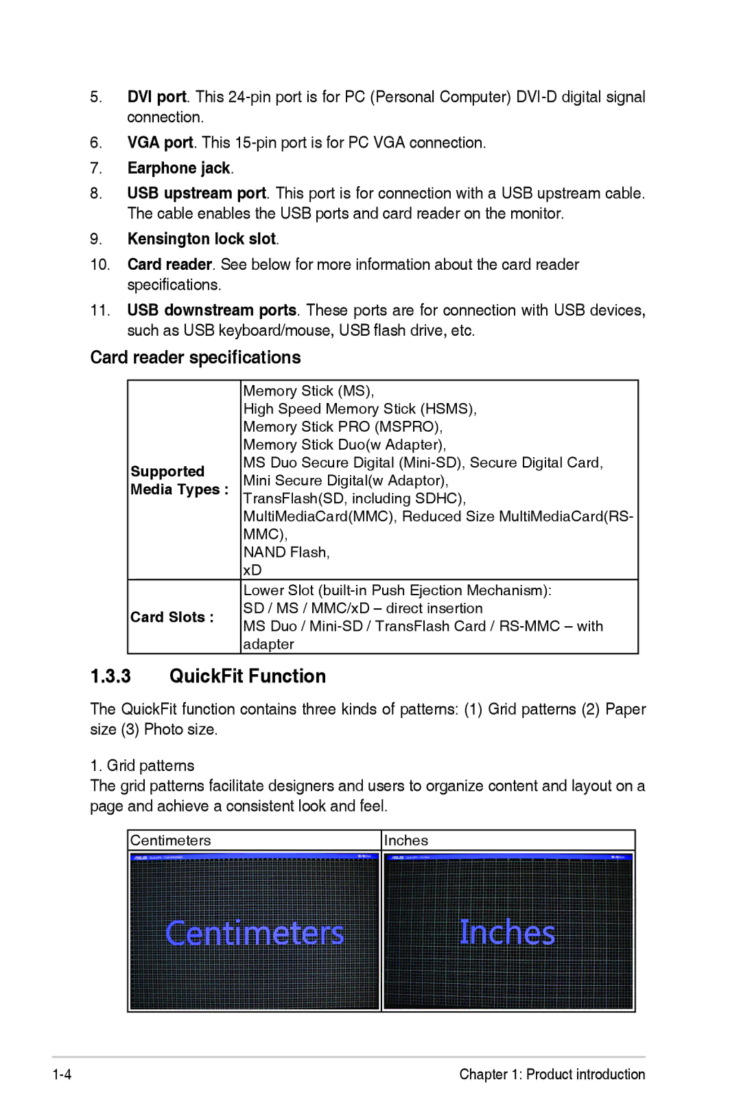 Asus PA246 manual QuickFit Function, Card reader specifications, Earphone jack, Kensington lock slot 