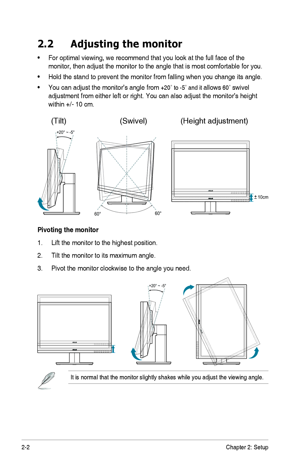 Asus PA246 manual Adjusting the monitor, Pivoting the monitor 