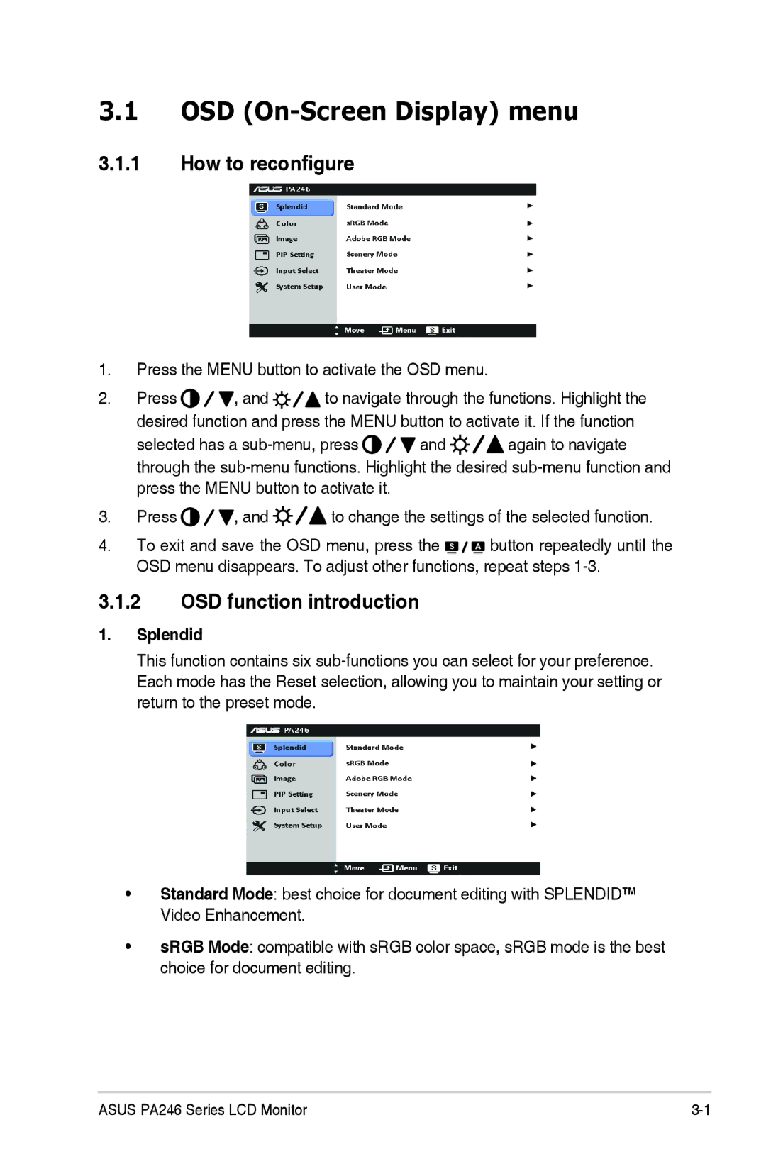 Asus PA246 manual OSD On-Screen Display menu, How to reconfigure, OSD function introduction, Splendid 