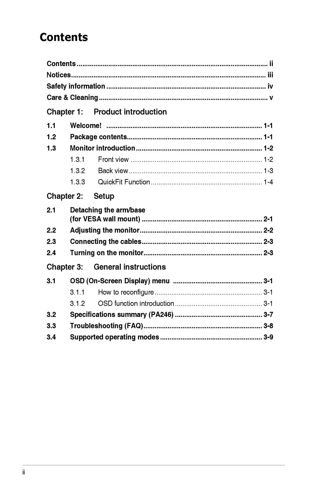 Asus PA246 manual Contents 