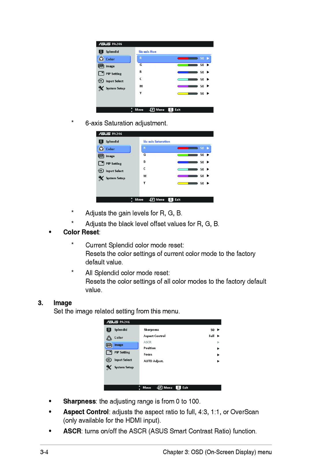 Asus PA246 manual Color Reset, Image 