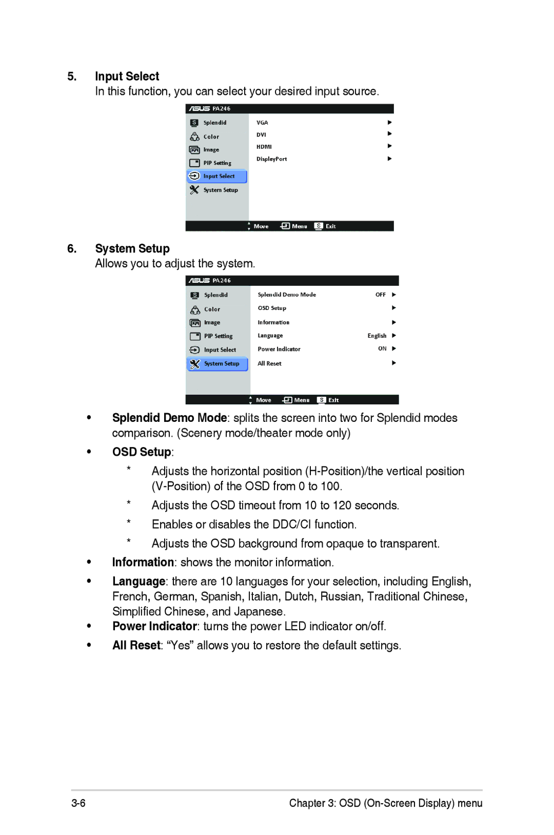 Asus PA246 manual Input Select, System Setup, OSD Setup 