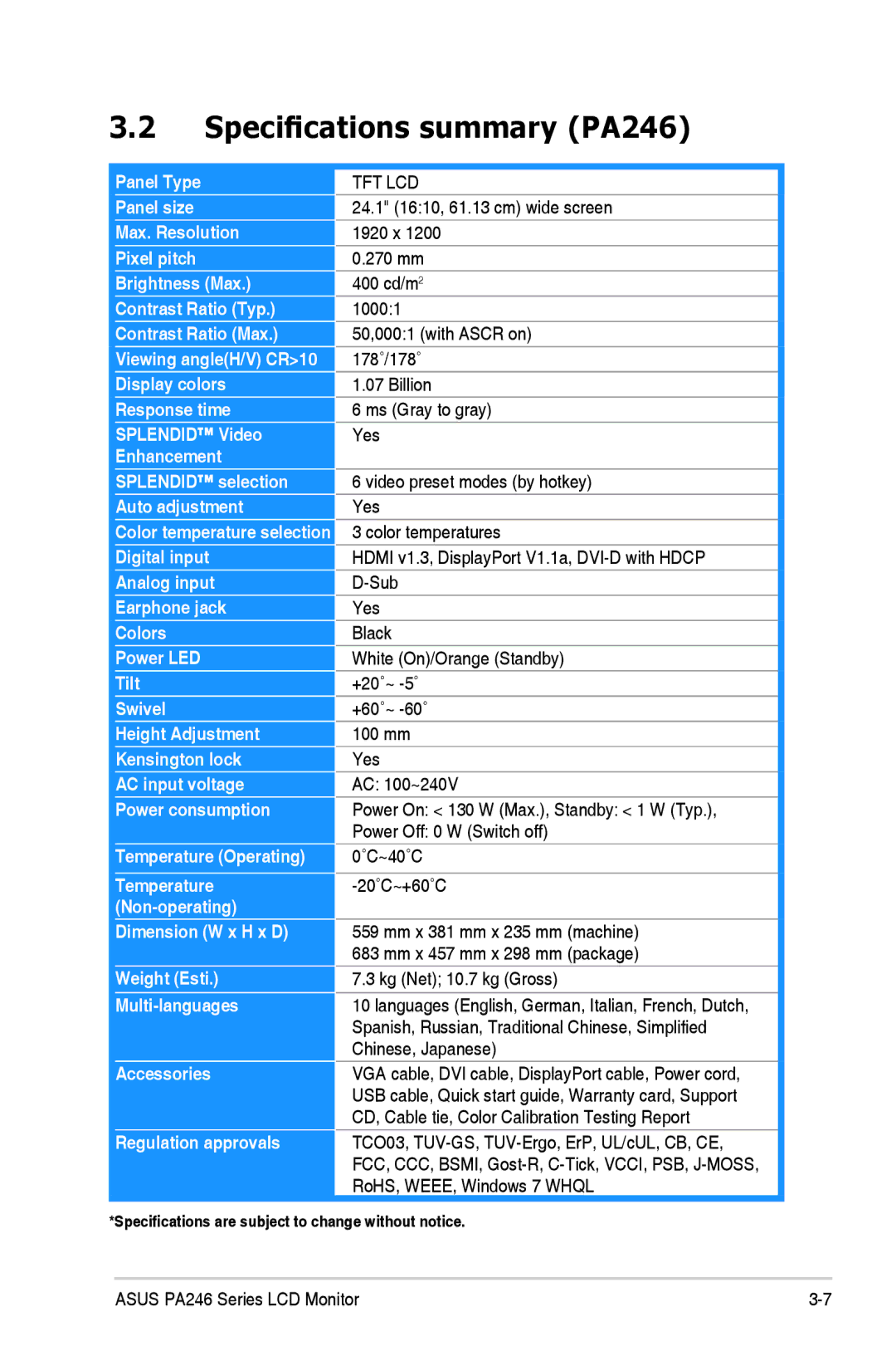 Asus manual Specifications summary PA246, Tft Lcd 