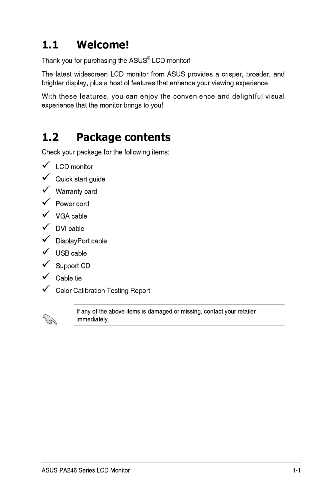 Asus PA246 manual Welcome, Package contents 