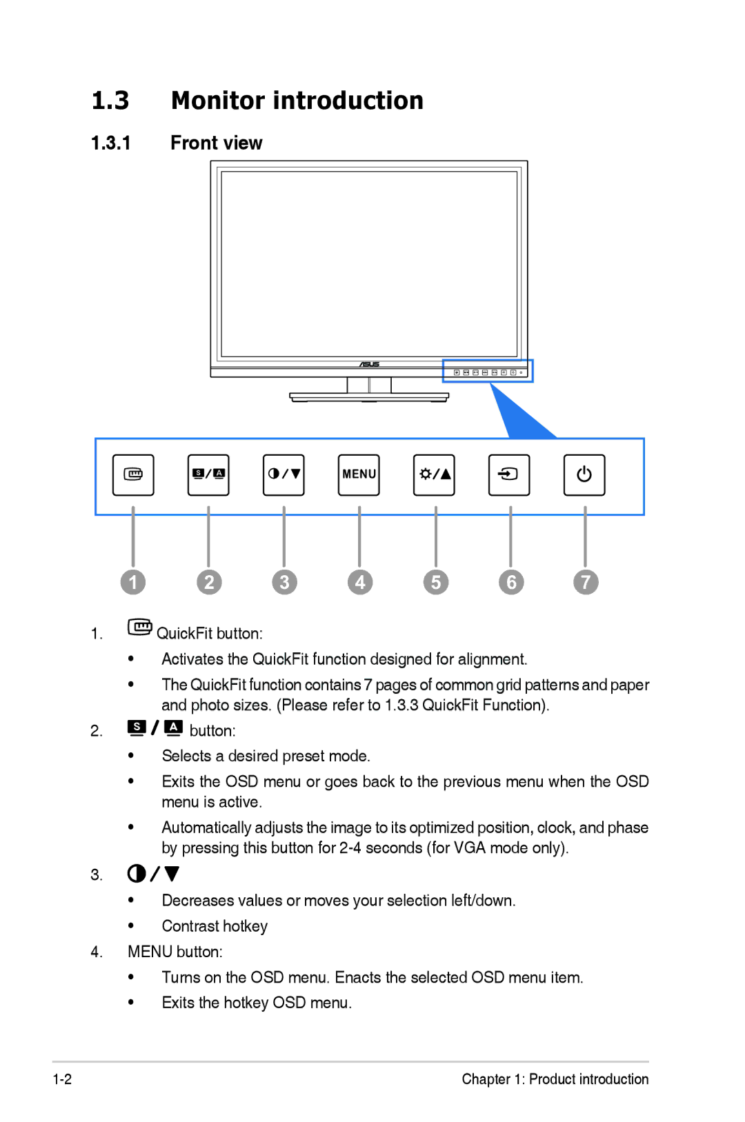 Asus PA246 manual Monitor introduction, Front view 