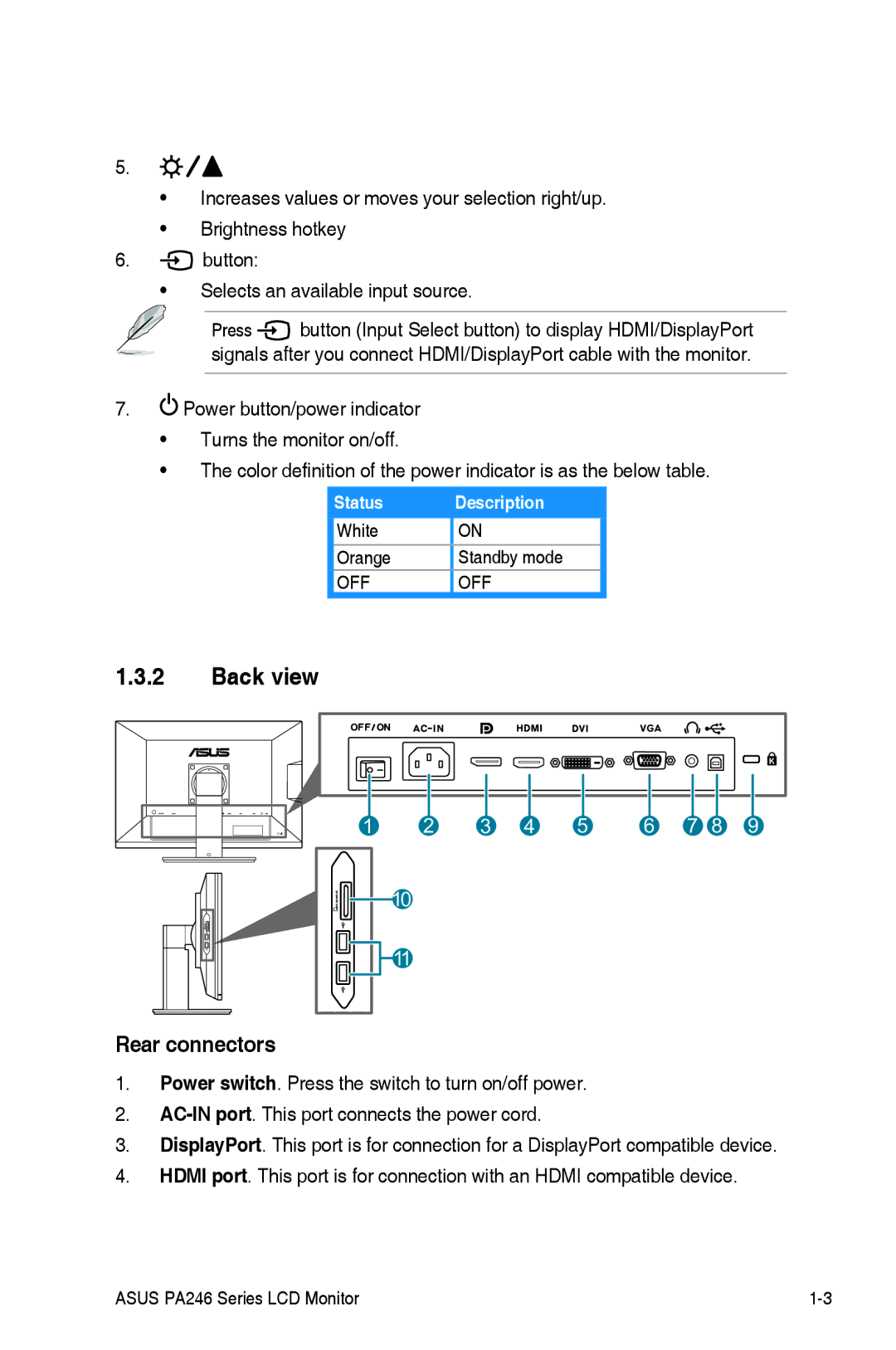 Asus PA246 manual Back view, Rear connectors 