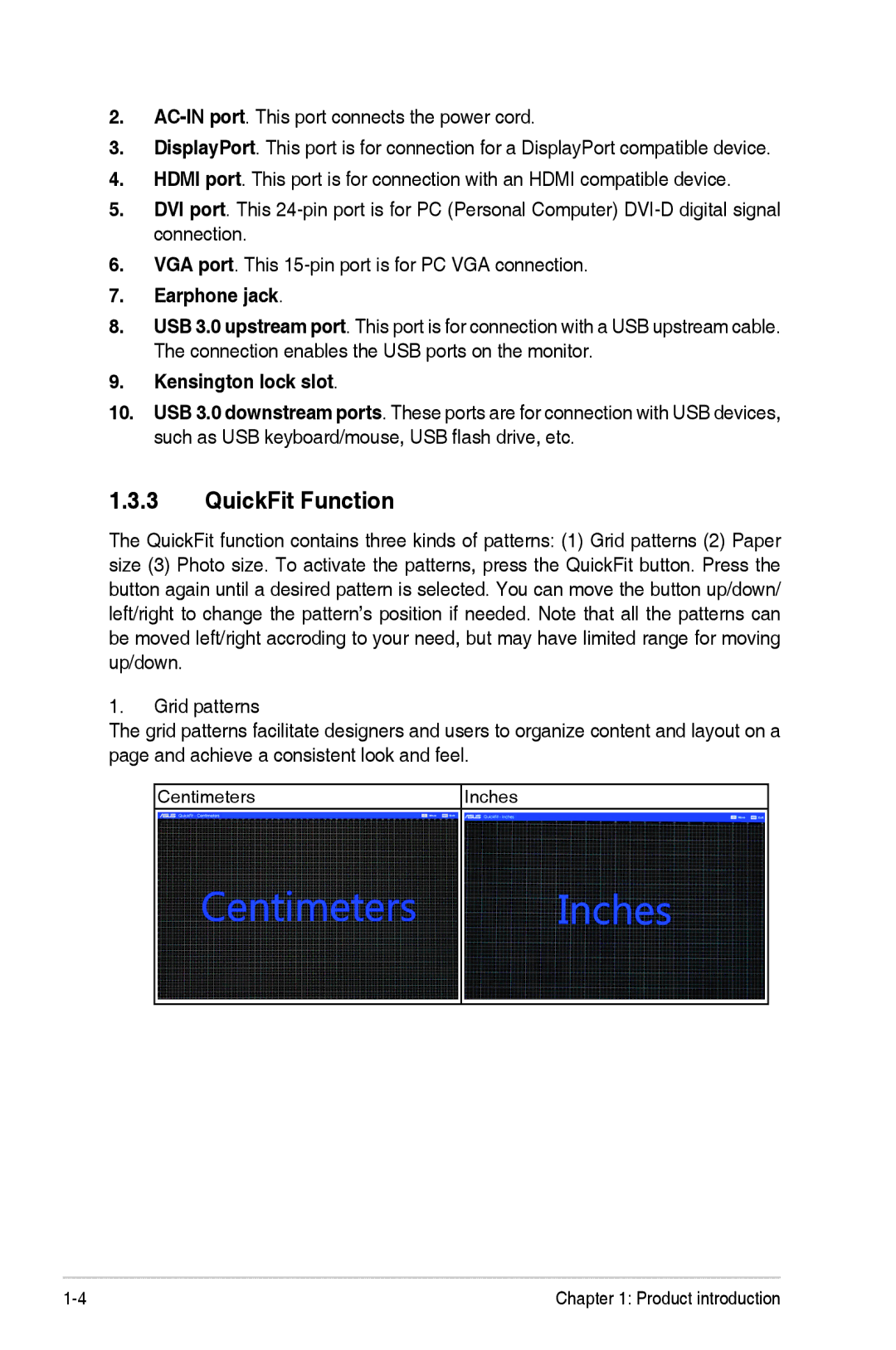 Asus PA248Q manual QuickFit Function, Earphone jack, Kensington lock slot 