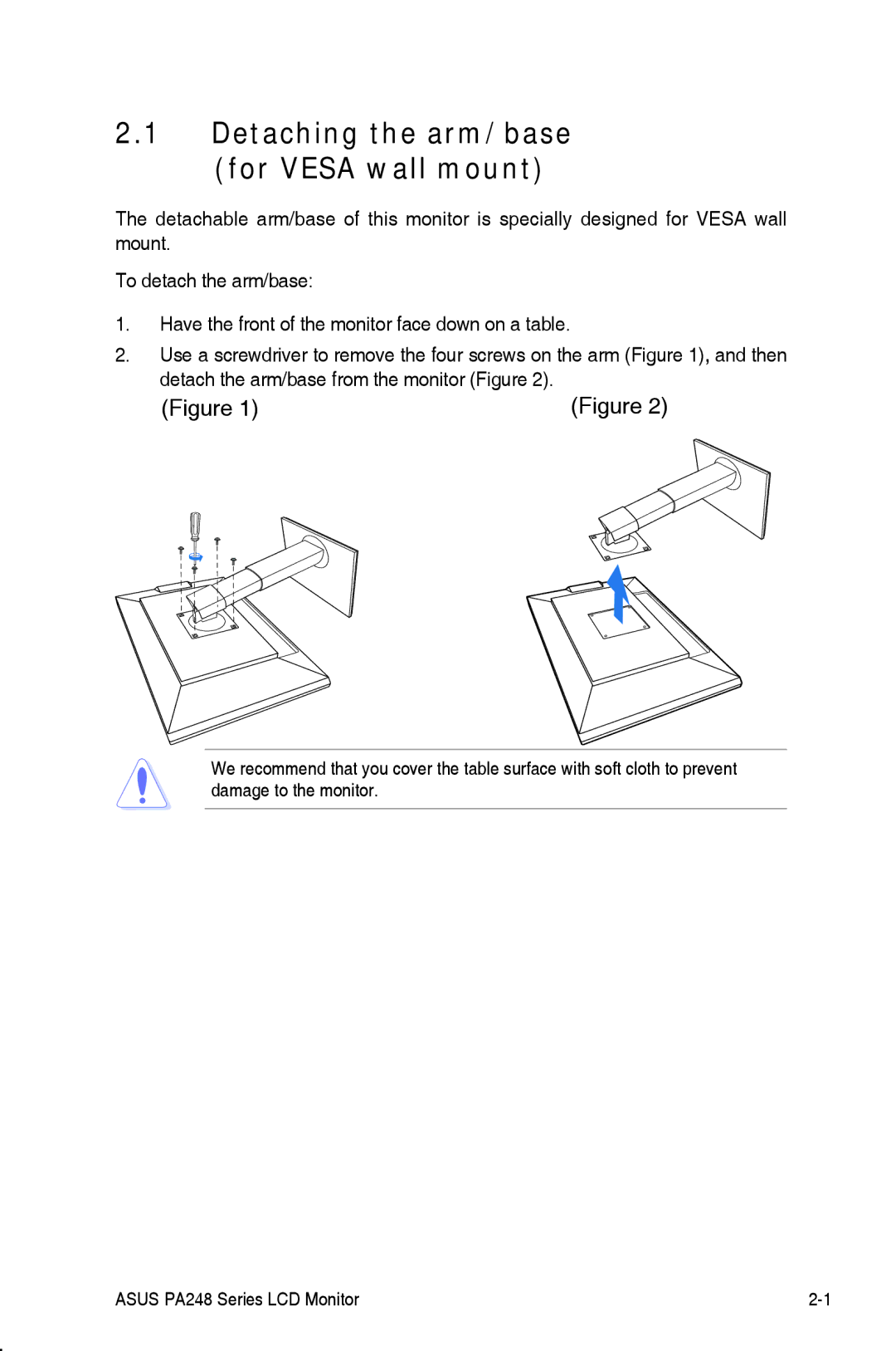 Asus PA248Q manual Detaching the arm/base for Vesa wall mount 