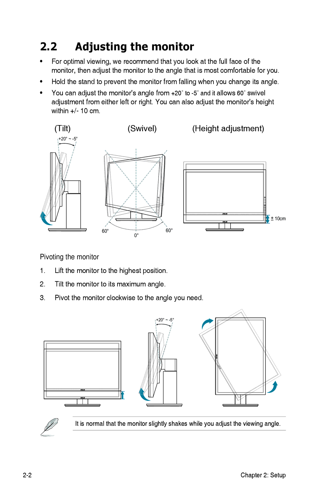 Asus PA248Q manual Adjusting the monitor, Pivoting the monitor 