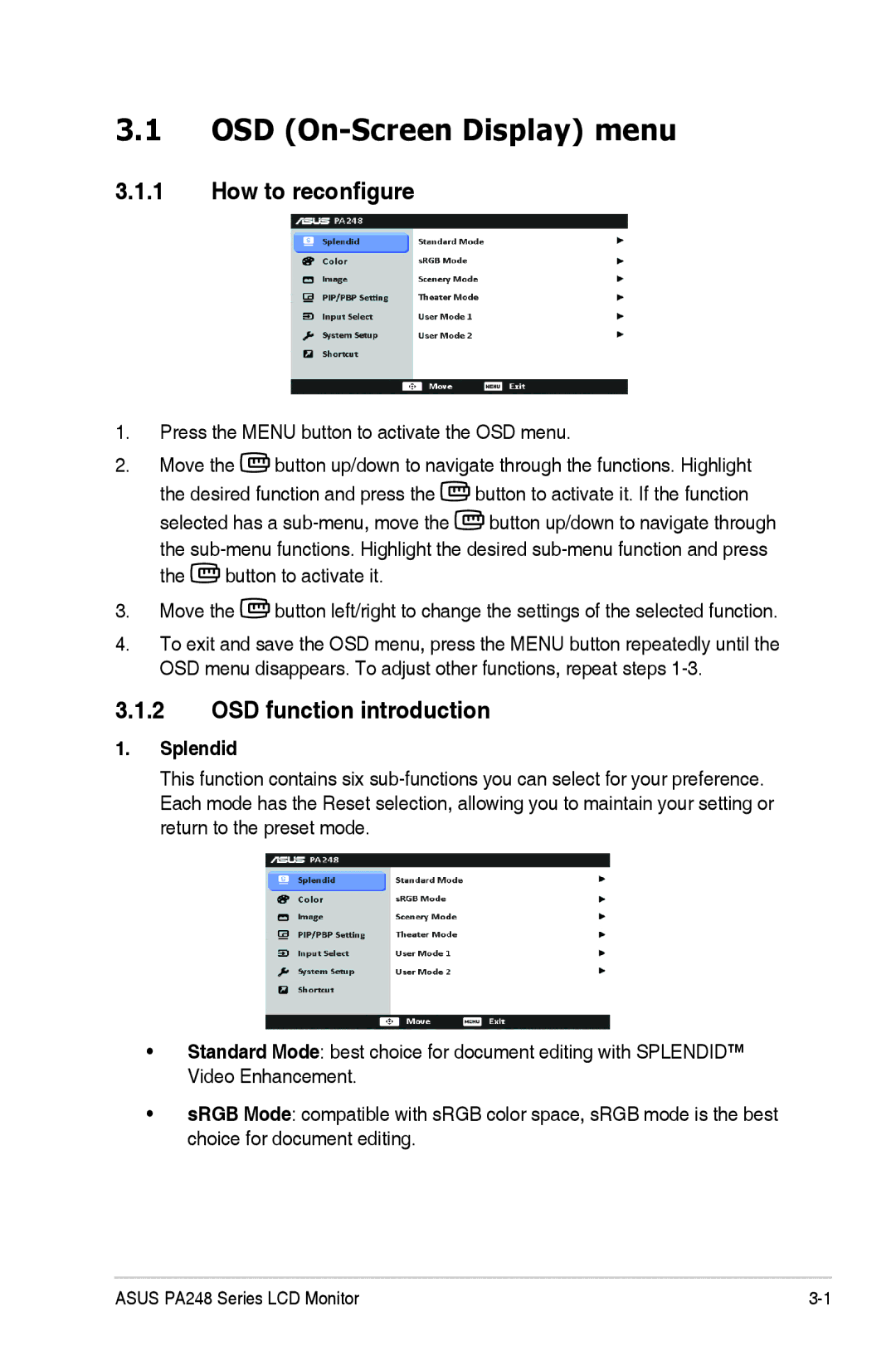 Asus PA248Q manual OSD On-Screen Display menu, How to reconfigure, OSD function introduction, Splendid 