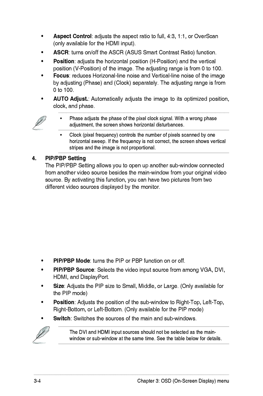 Asus PA248Q manual PIP/PBP Setting, Switch Switches the sources of the main and sub-windows 