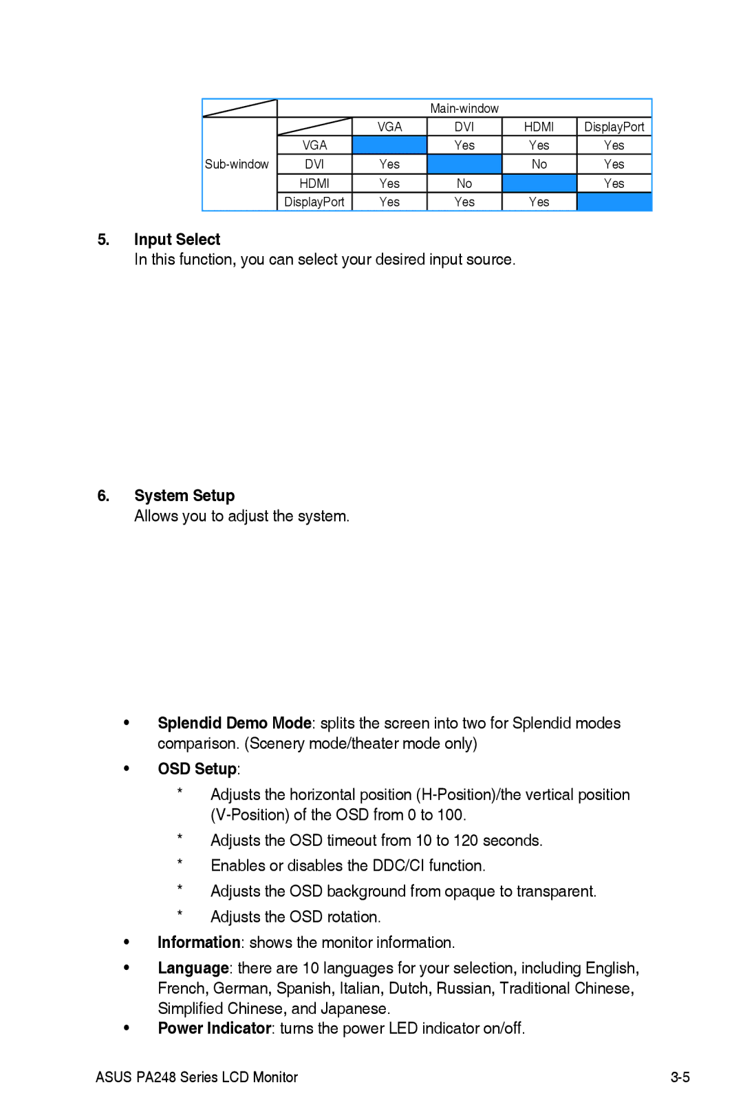 Asus PA248Q manual Input Select, System Setup, OSD Setup 