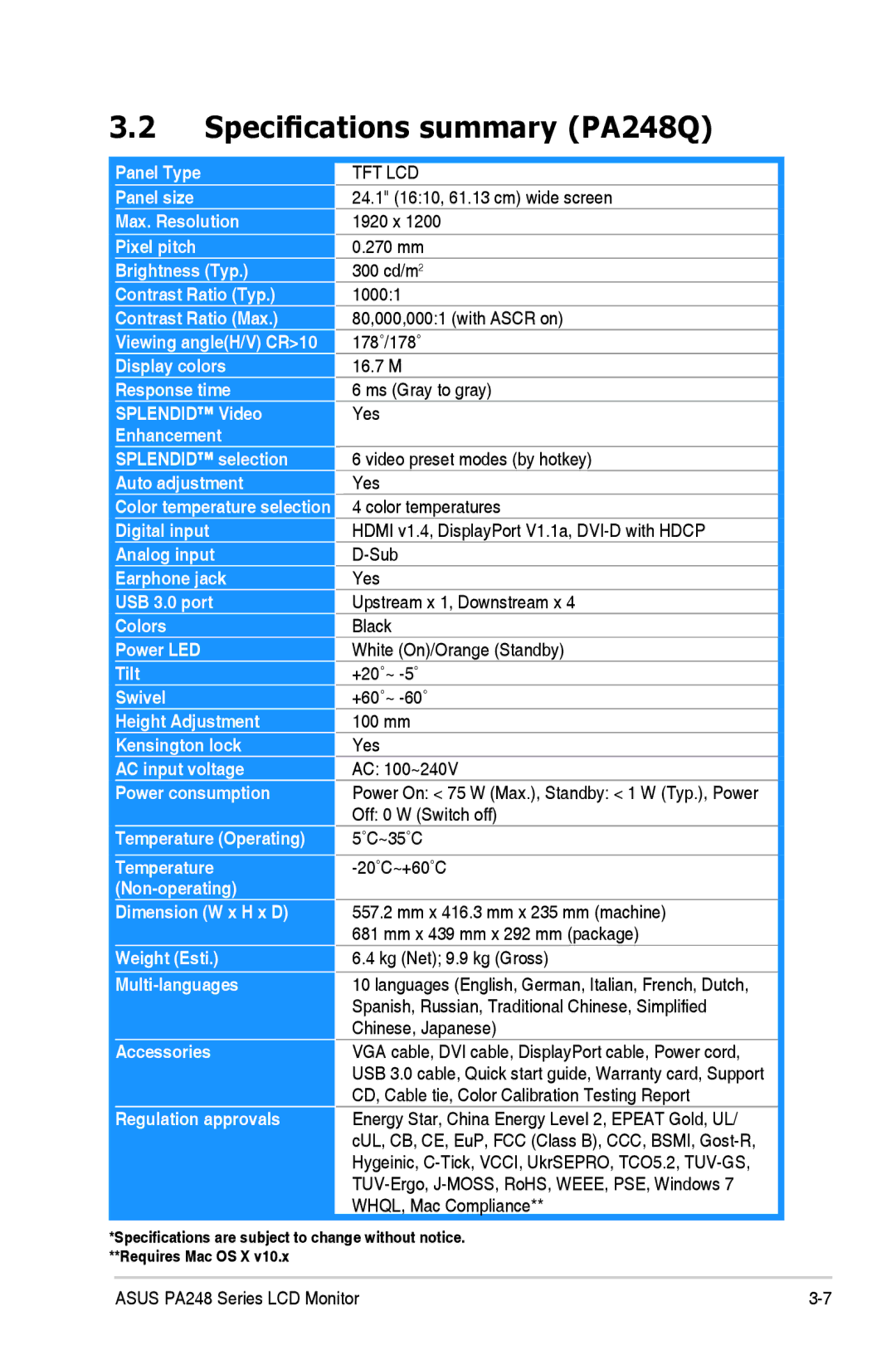 Asus manual Specifications summary PA248Q, Tft Lcd 