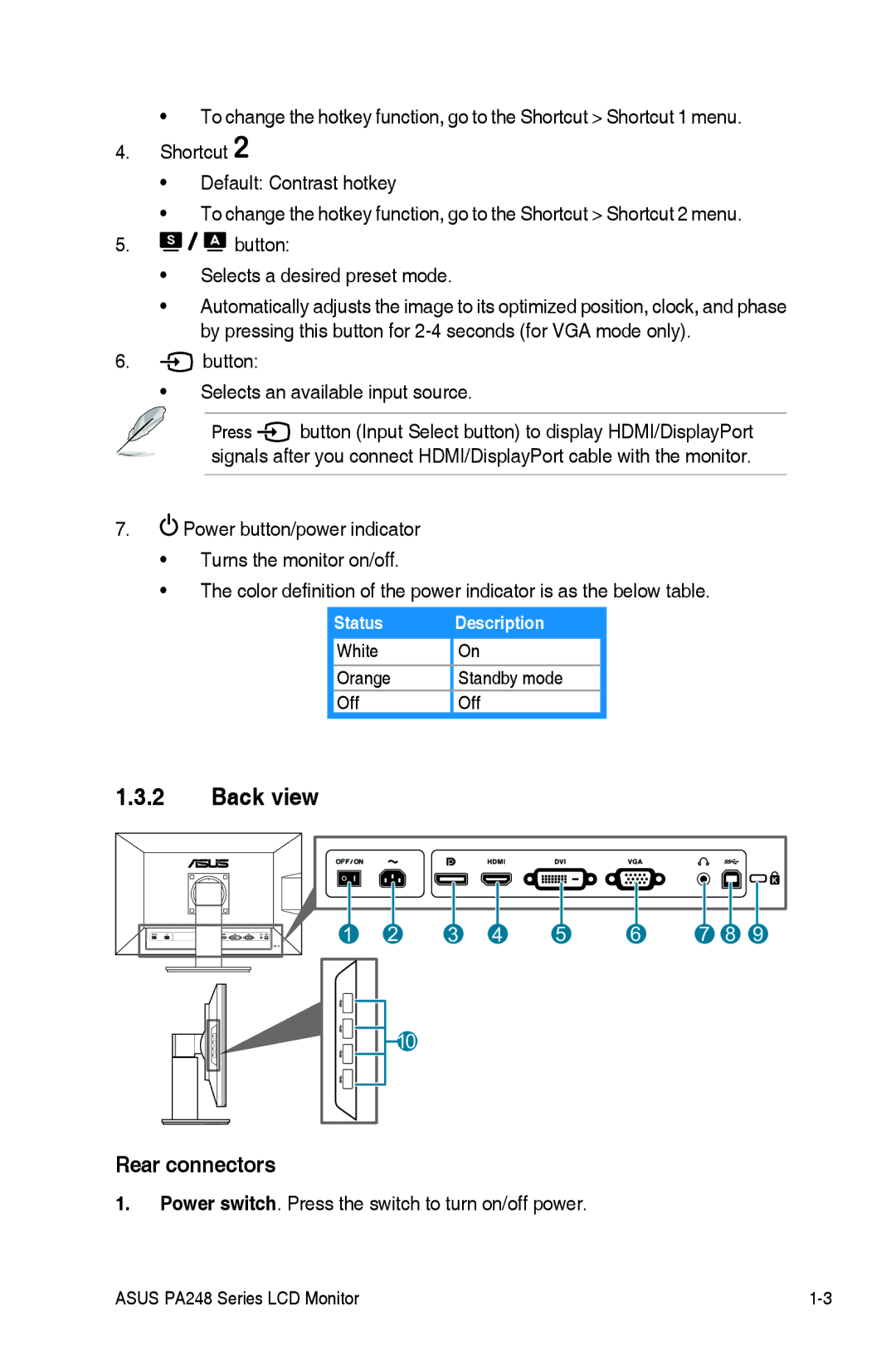 Asus PA248Q manual Back view, Button Selects an available input source 