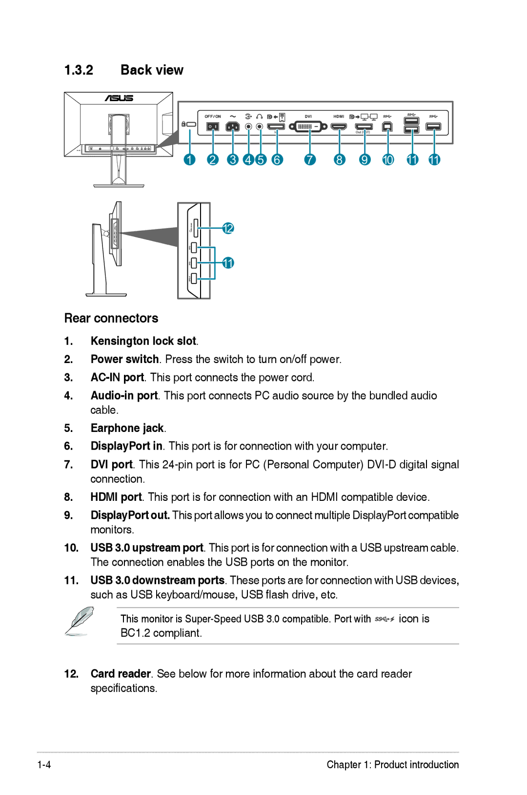 Asus PA279Q manual Back view, Rear connectors, Kensington lock slot, Earphone jack 