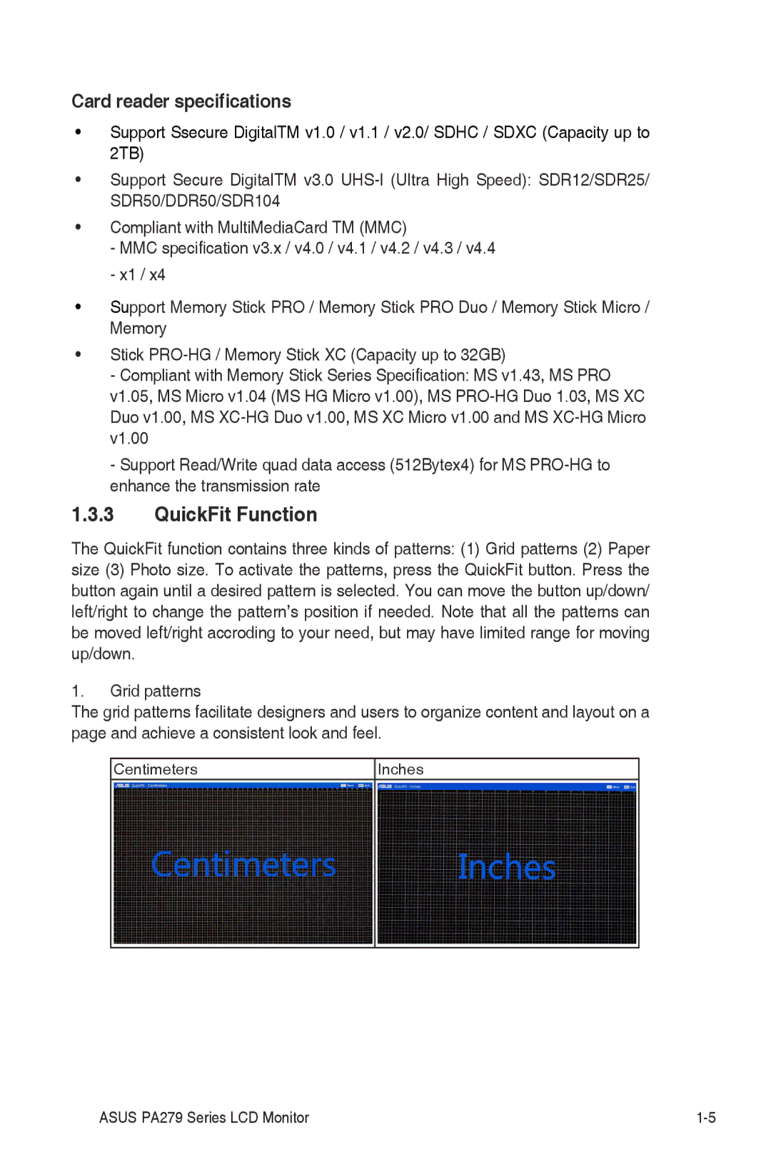 Asus PA279Q manual QuickFit Function, Card reader specifications 