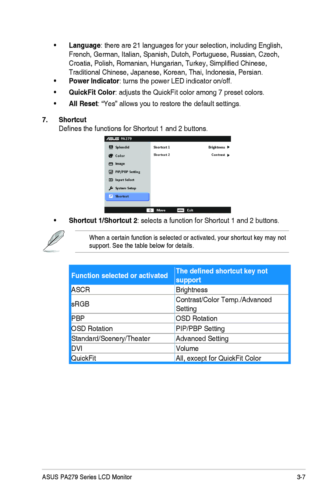 Asus PA279Q manual Shortcut, Support 