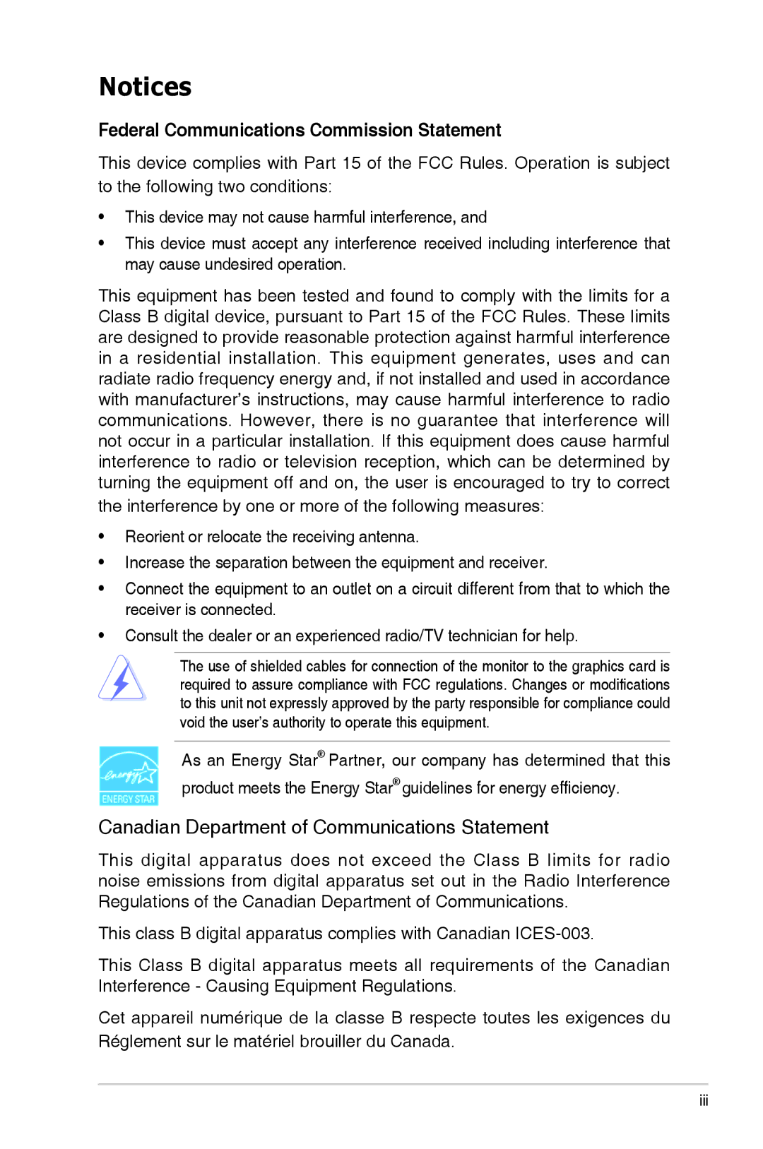 Asus PA279Q manual Federal Communications Commission Statement, Canadian Department of Communications Statement 