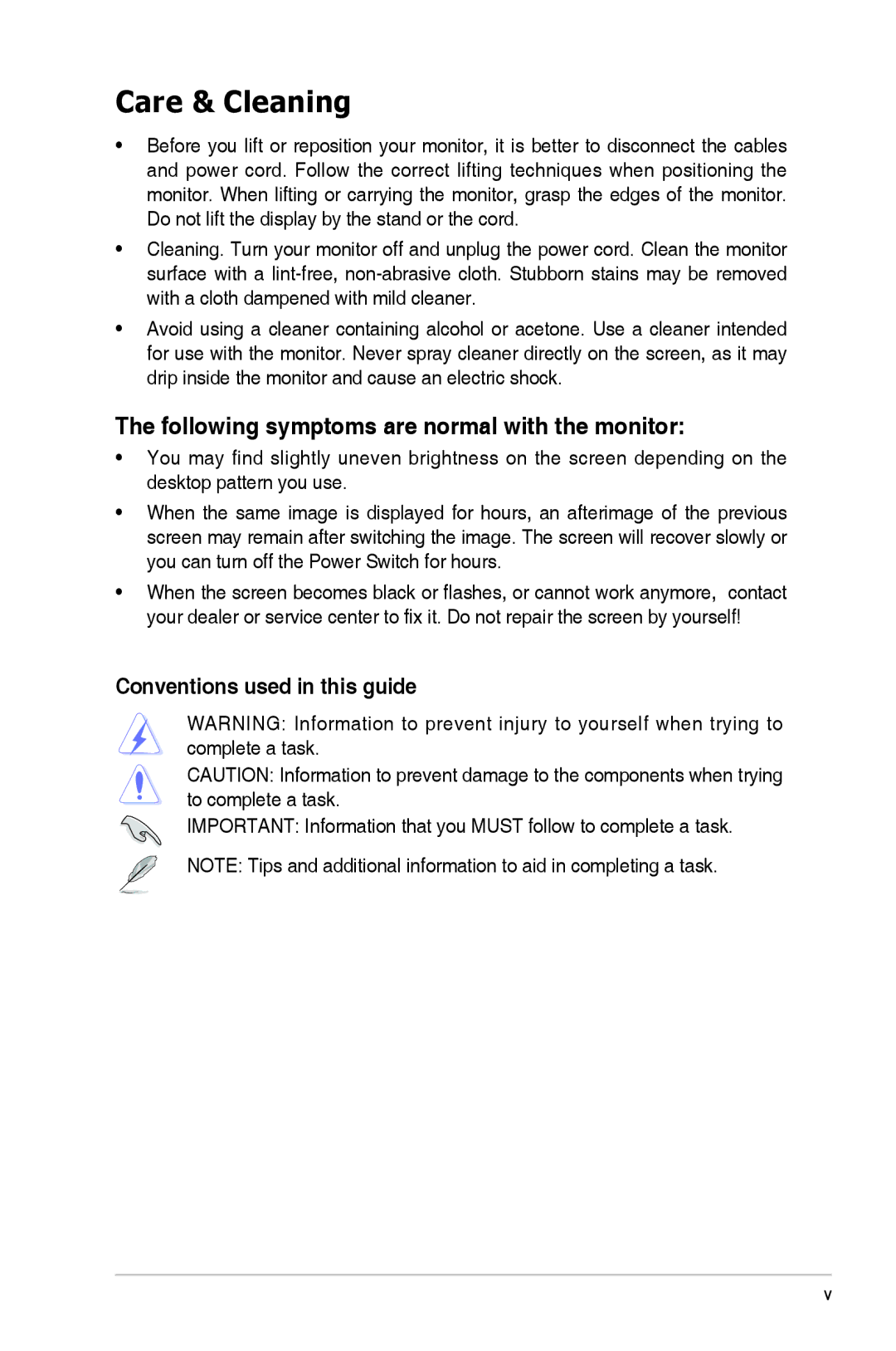 Asus PA279Q manual Care & Cleaning, Following symptoms are normal with the monitor, Conventions used in this guide 