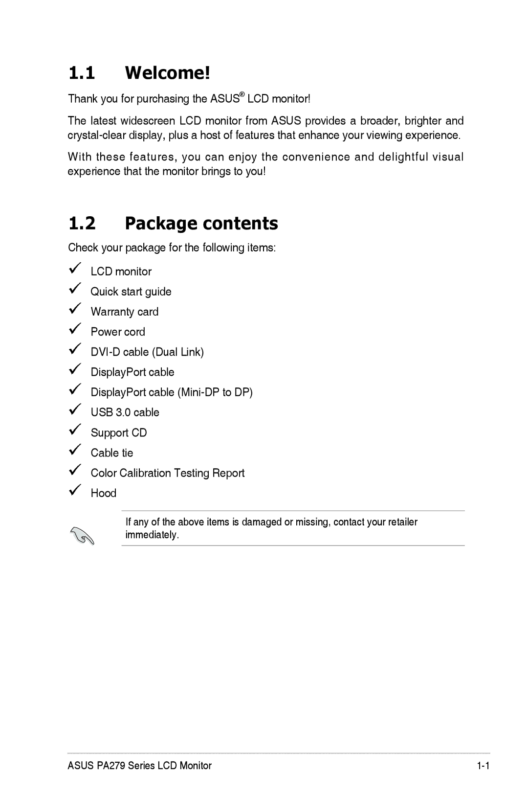 Asus PA279Q manual Welcome, Package contents 