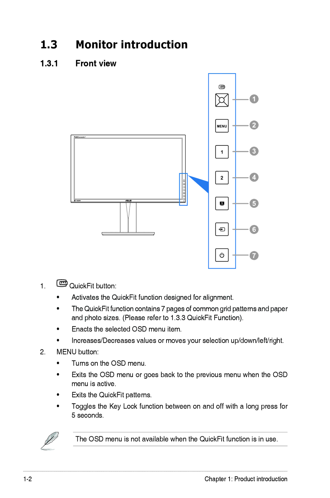 Asus PA279Q manual Monitor introduction, Front view 