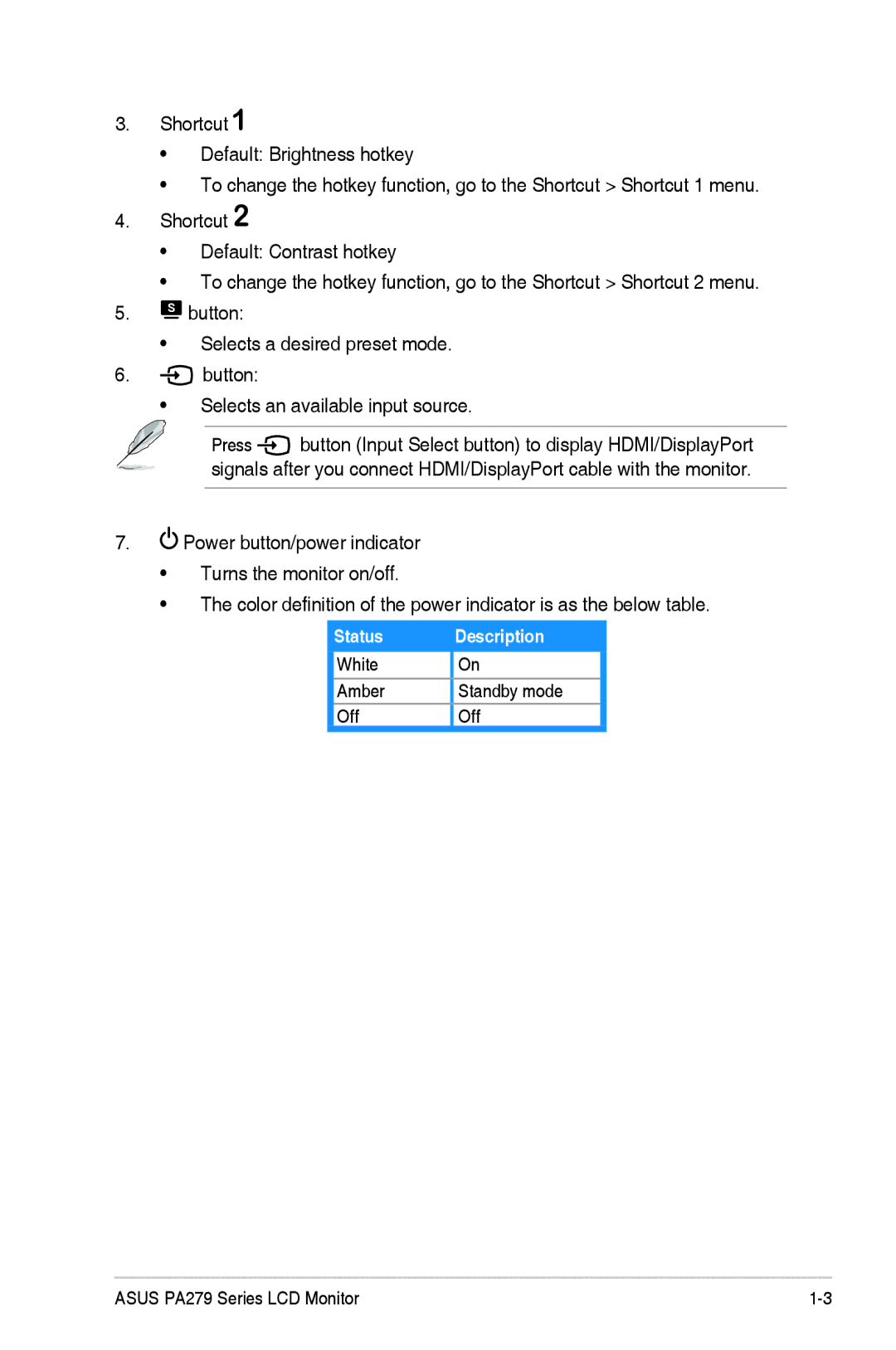 Asus PA279Q manual Status Description 