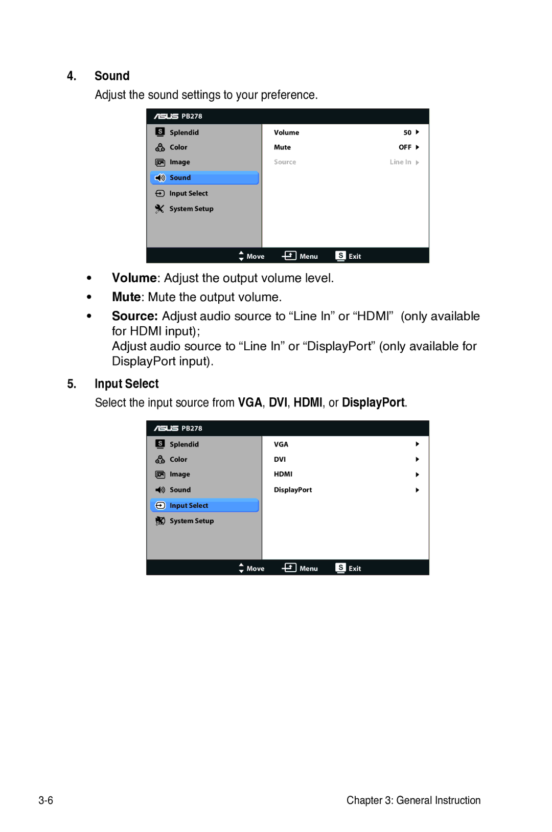 Asus PB278Q, 90LMGA070T0108UL manual Sound, Adjust the sound settings to your preference, Input Select 