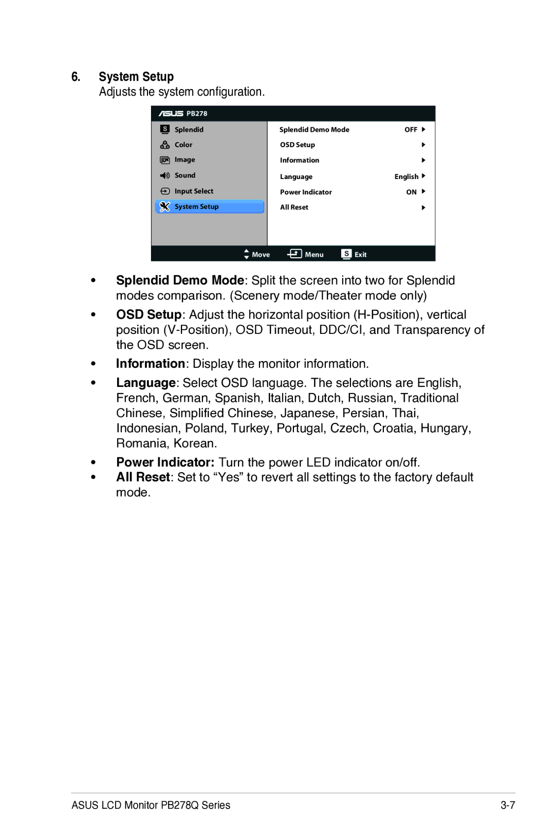 Asus 90LMGA070T0108UL, PB278Q manual System Setup, Adjusts the system configuration 