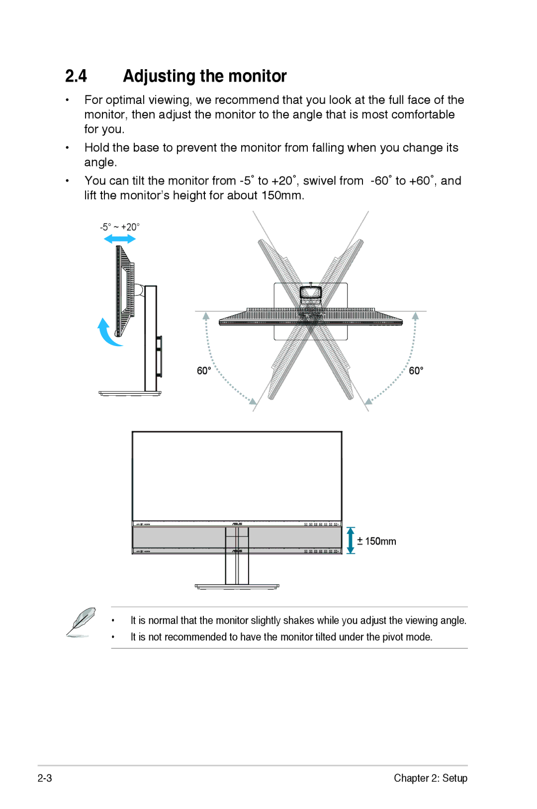 Asus PB298Q manual Adjusting the monitor 