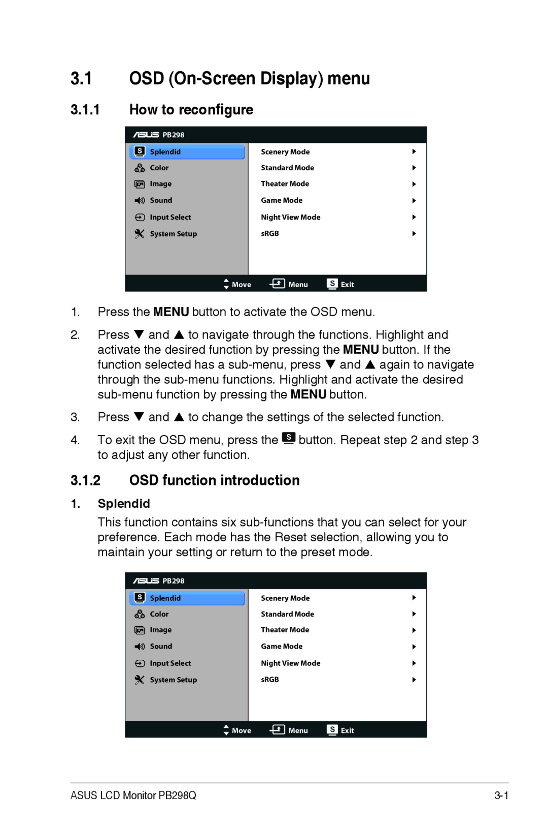 Asus PB298Q manual OSD On-Screen Display menu, How to reconfigure, OSD function introduction, Splendid 