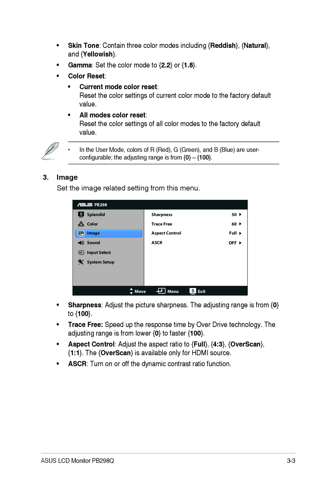 Asus PB298Q manual Color Reset Current mode color reset, All modes color reset, Image 