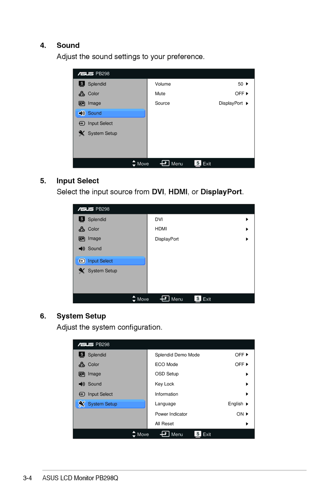 Asus PB298Q manual Sound, Input Select, System Setup 