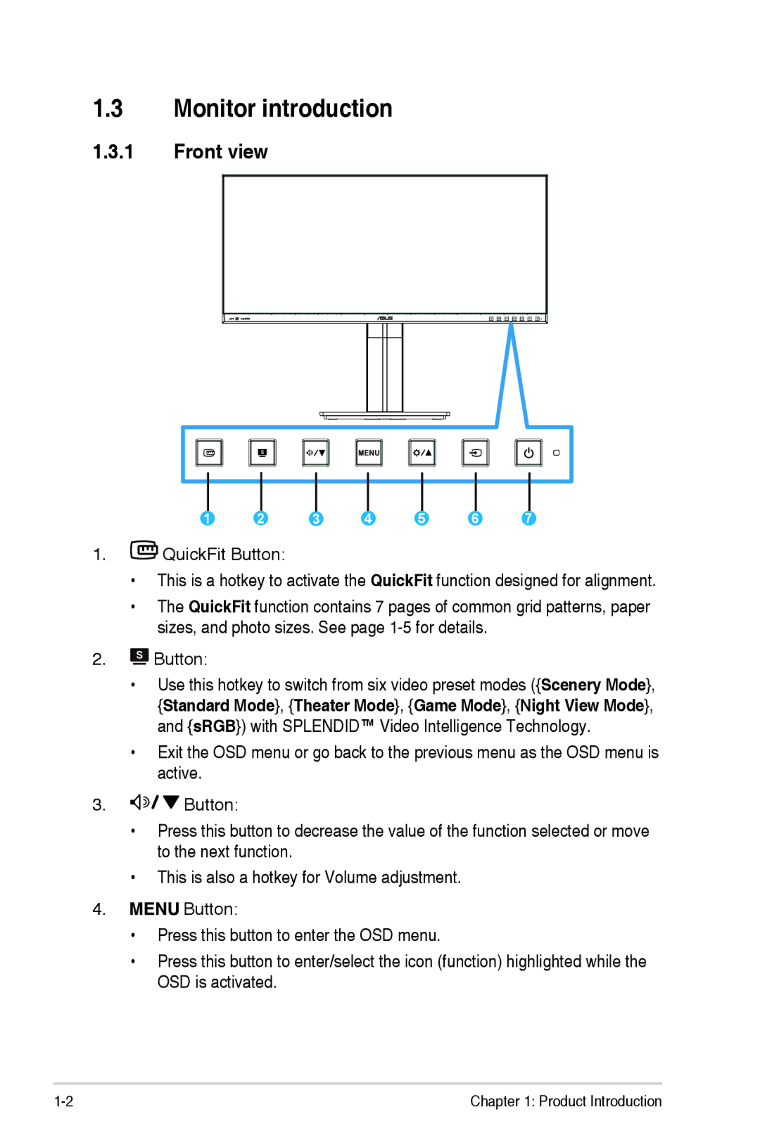 Asus PB298Q manual Monitor introduction, Front view 