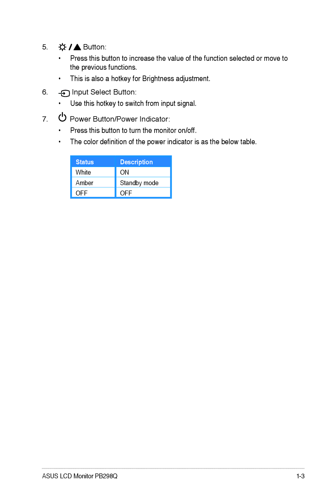 Asus PB298Q manual Status Description 