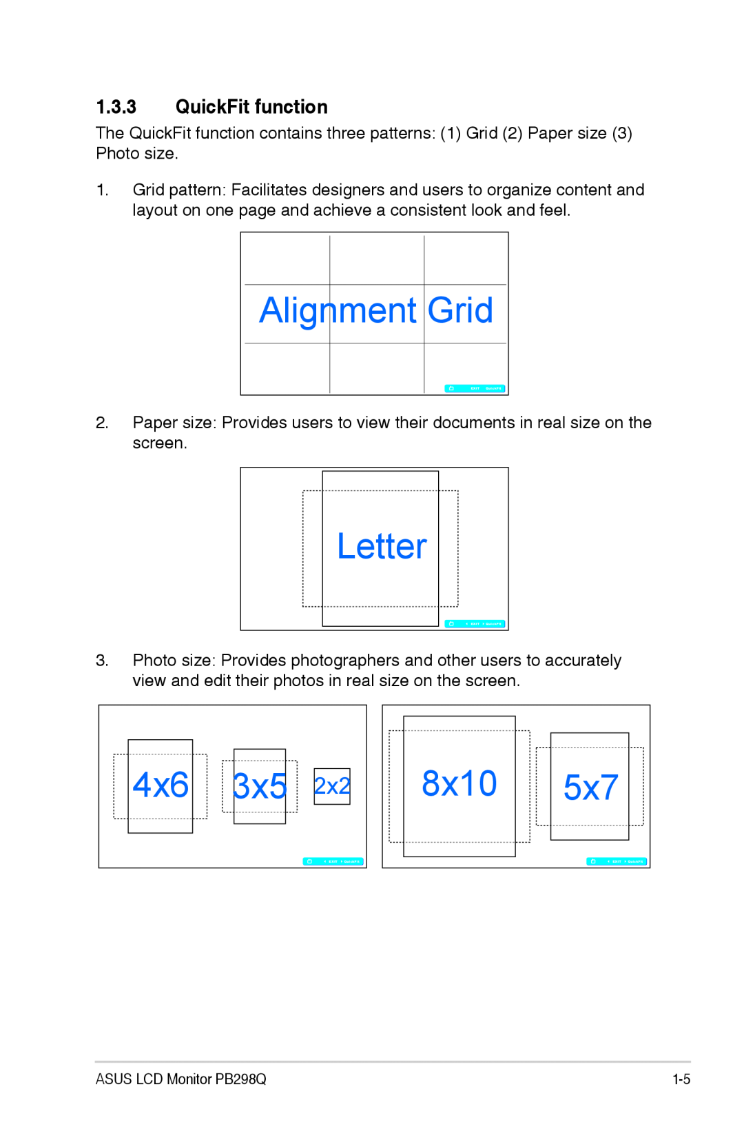 Asus PB298Q manual QuickFit function, Alignment Grid, Letter, 8x10 