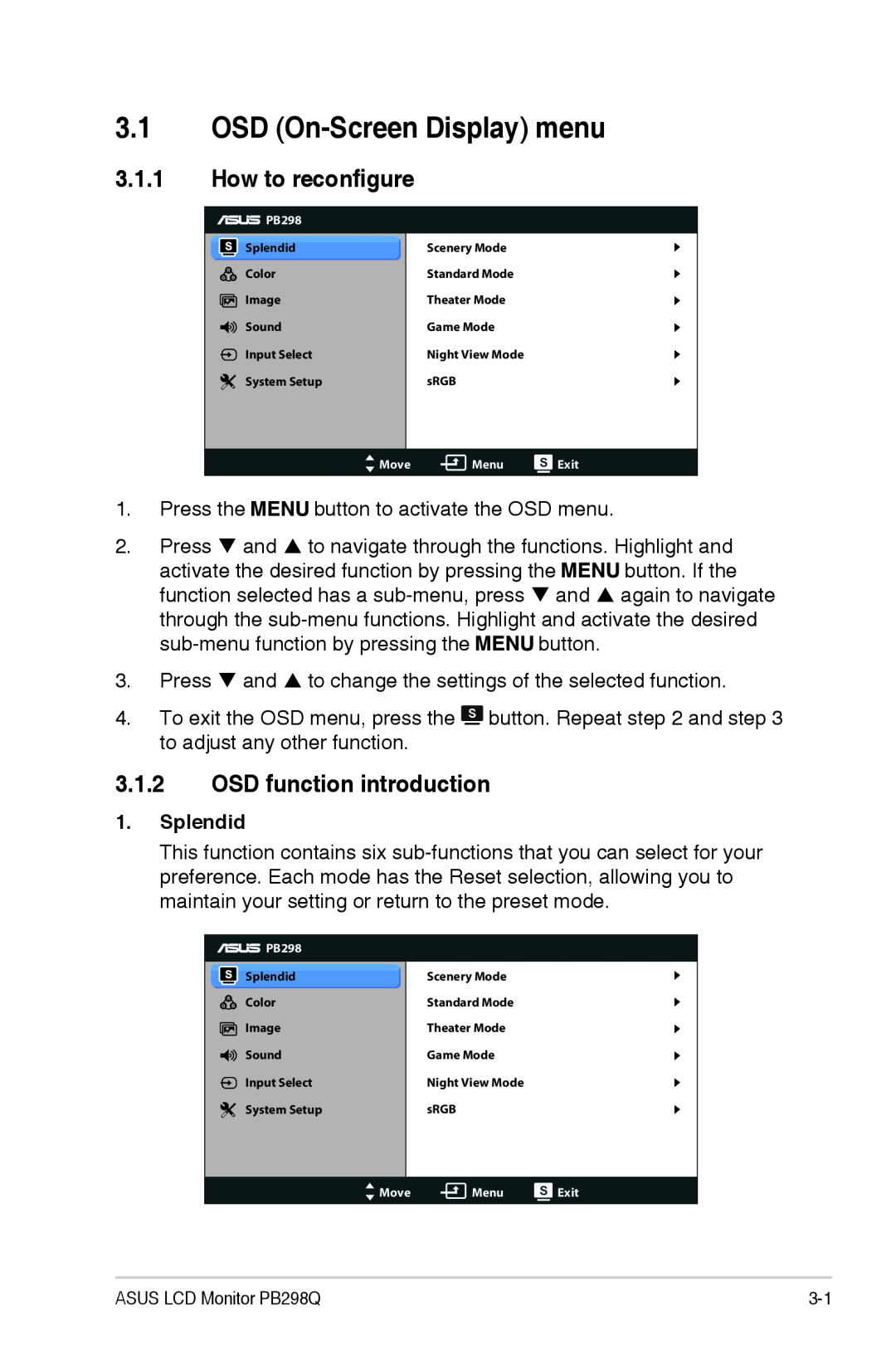 Asus PB298Q manual OSD On-Screen Display menu, How to reconfigure, OSD function introduction, Splendid 