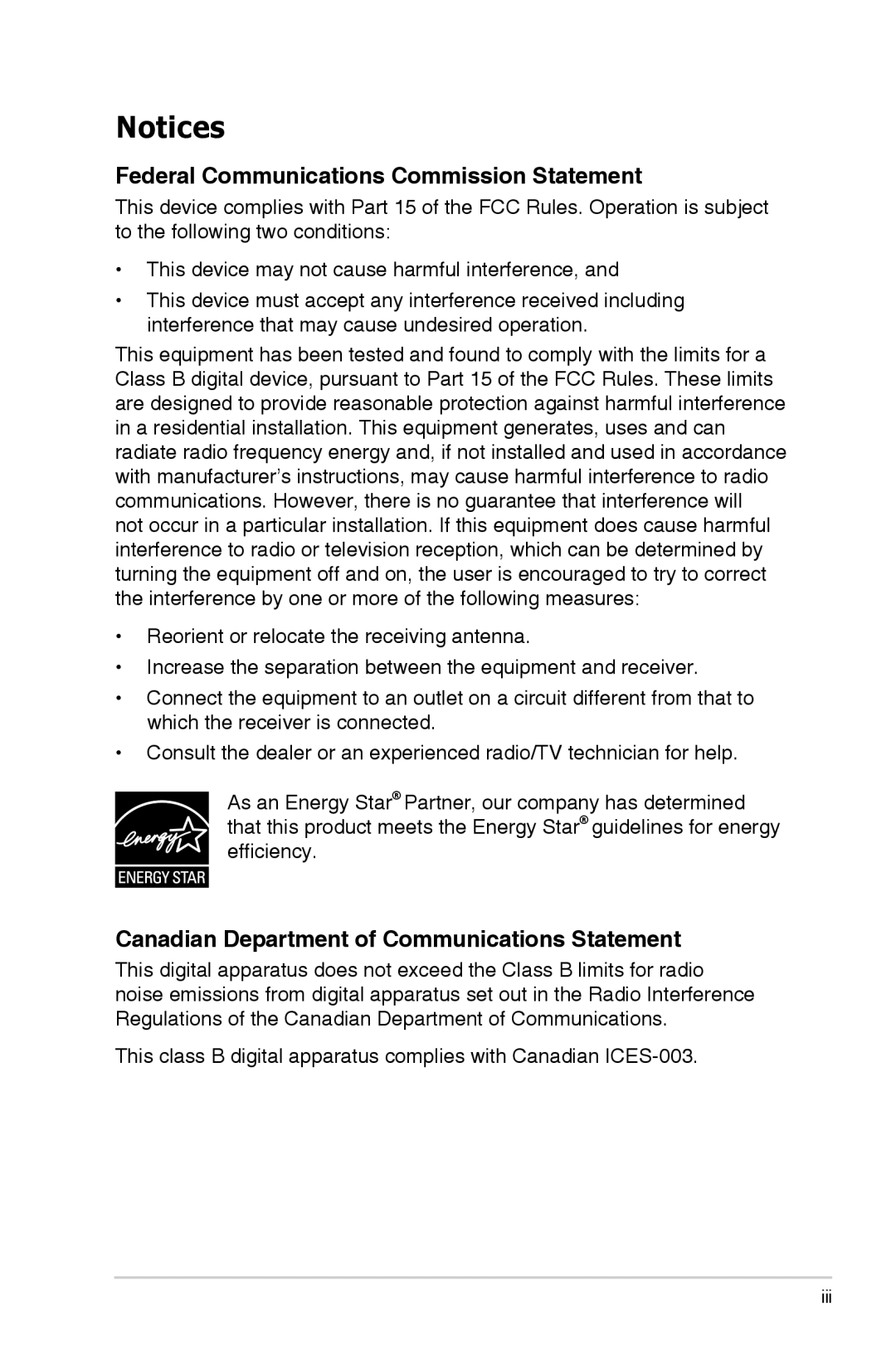 Asus PB298Q manual Notices, Federal Communications Commission Statement, Canadian Department of Communications Statement 
