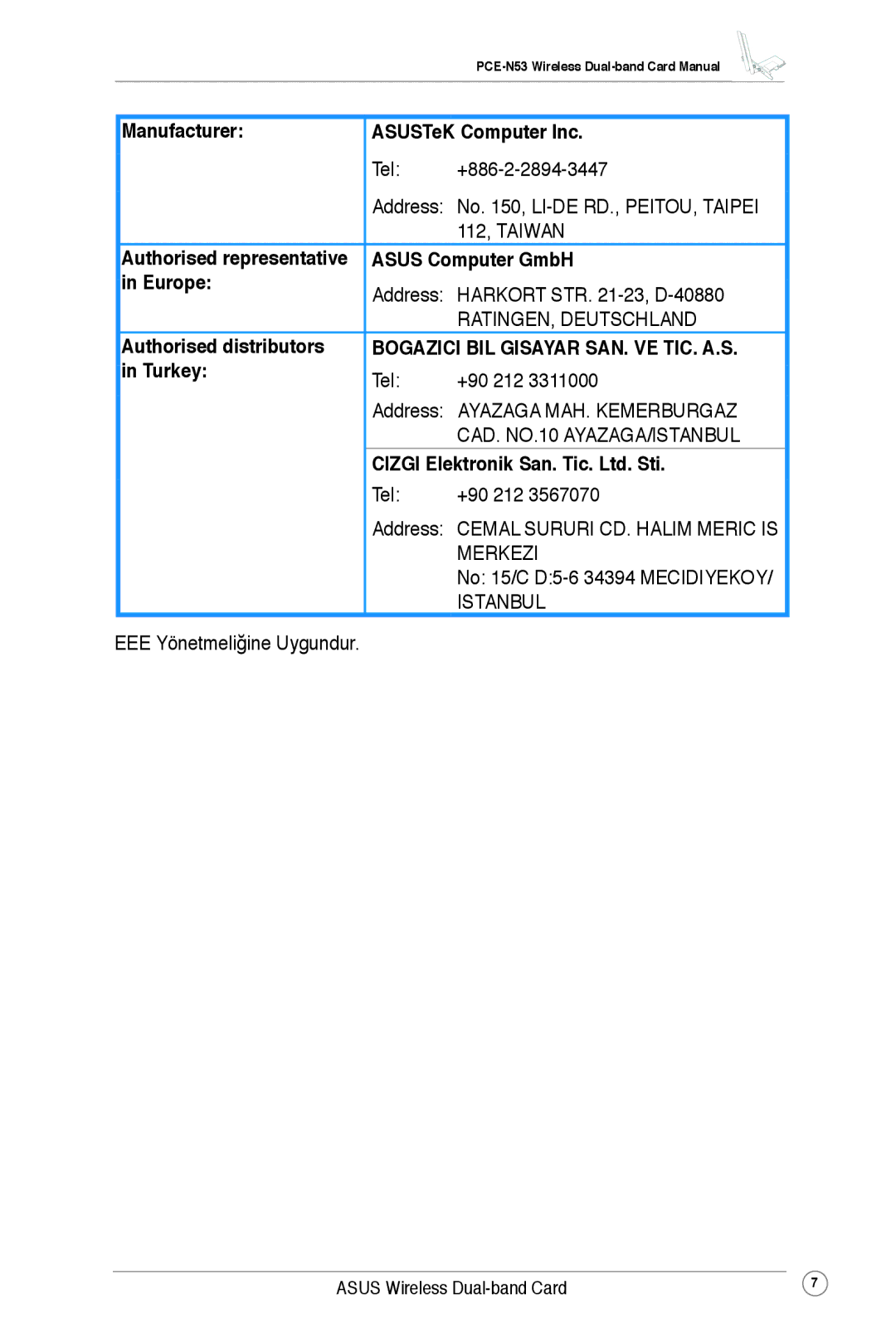 Asus PCE-N53 user manual Manufacturer ASUSTeK Computer Inc, Asus Computer GmbH, Europe, Authorised distributors, Turkey 