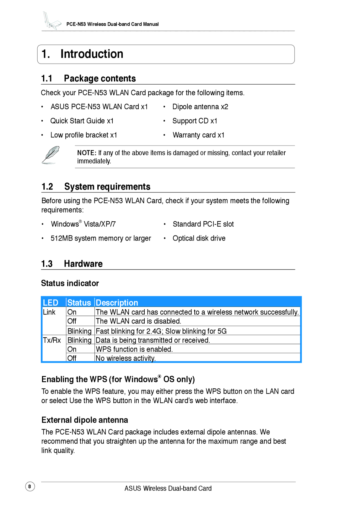 Asus PCE-N53 user manual Introduction, Package contents, System requirements, Hardware 