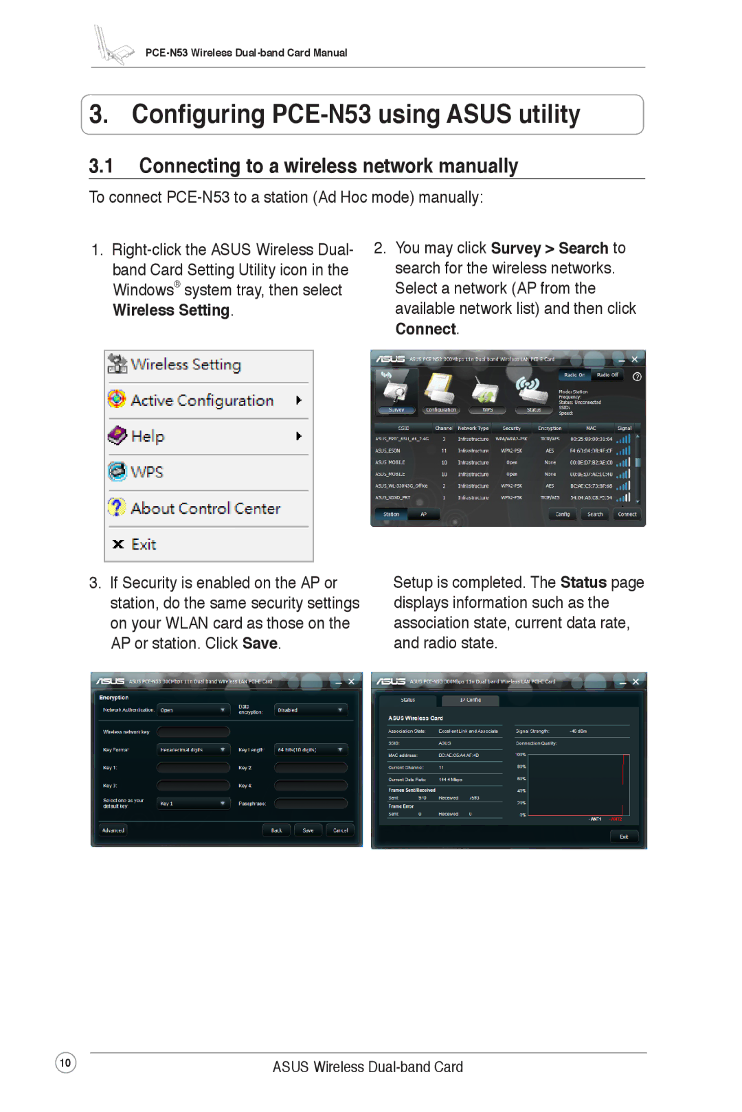 Asus user manual Configuring PCE-N53 using Asus utility, Connecting to a wireless network manually 