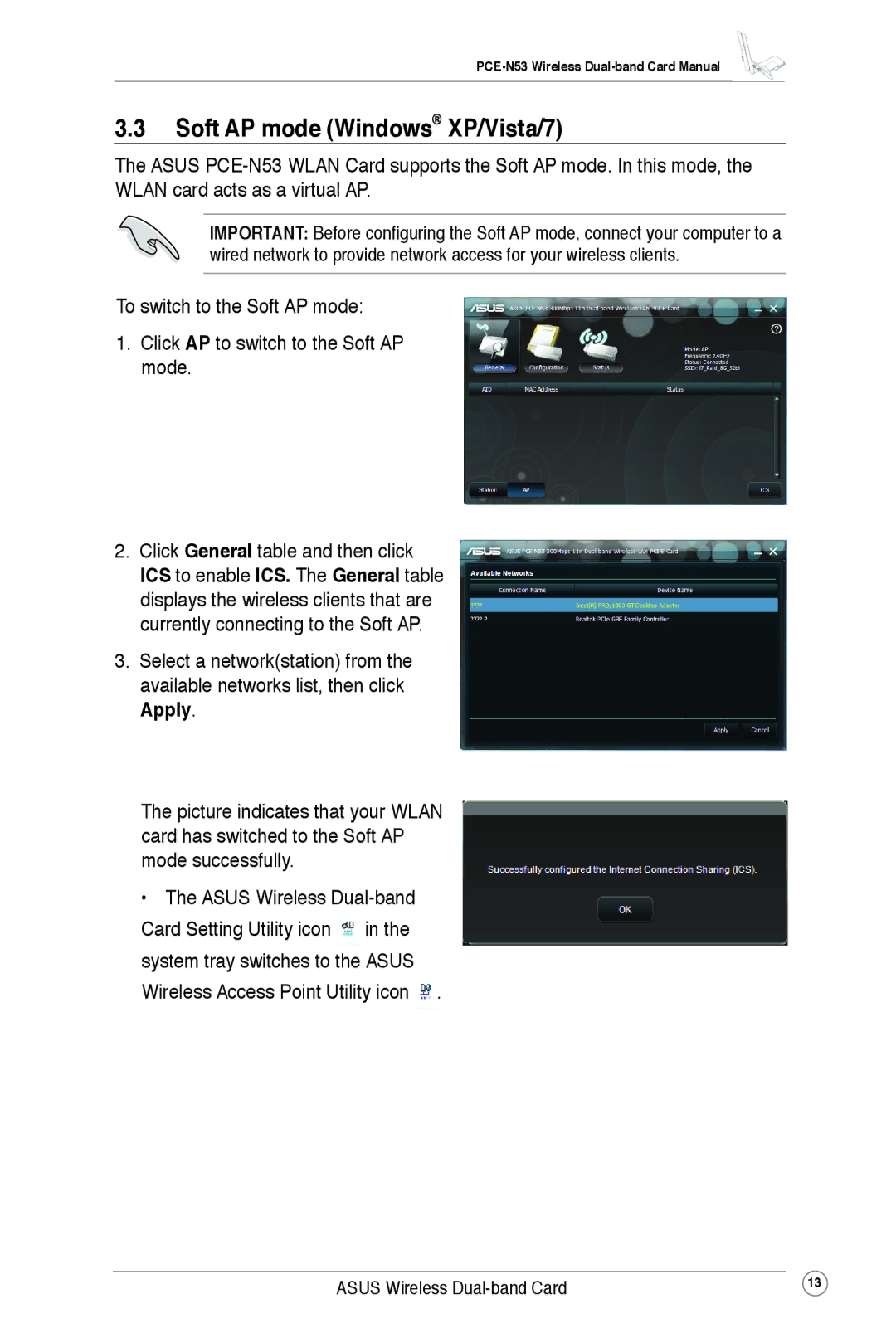 Asus PCE-N53 user manual Soft AP mode Windows XP/Vista/7 
