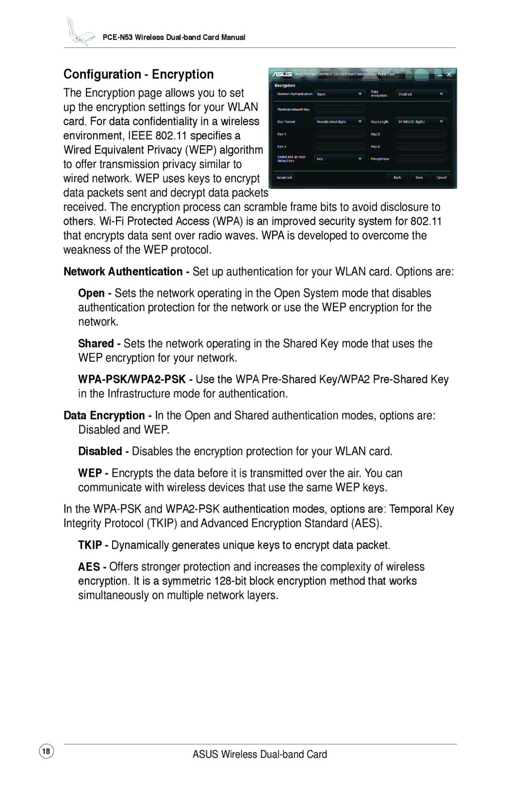 Asus PCE-N53 user manual Configuration Encryption 