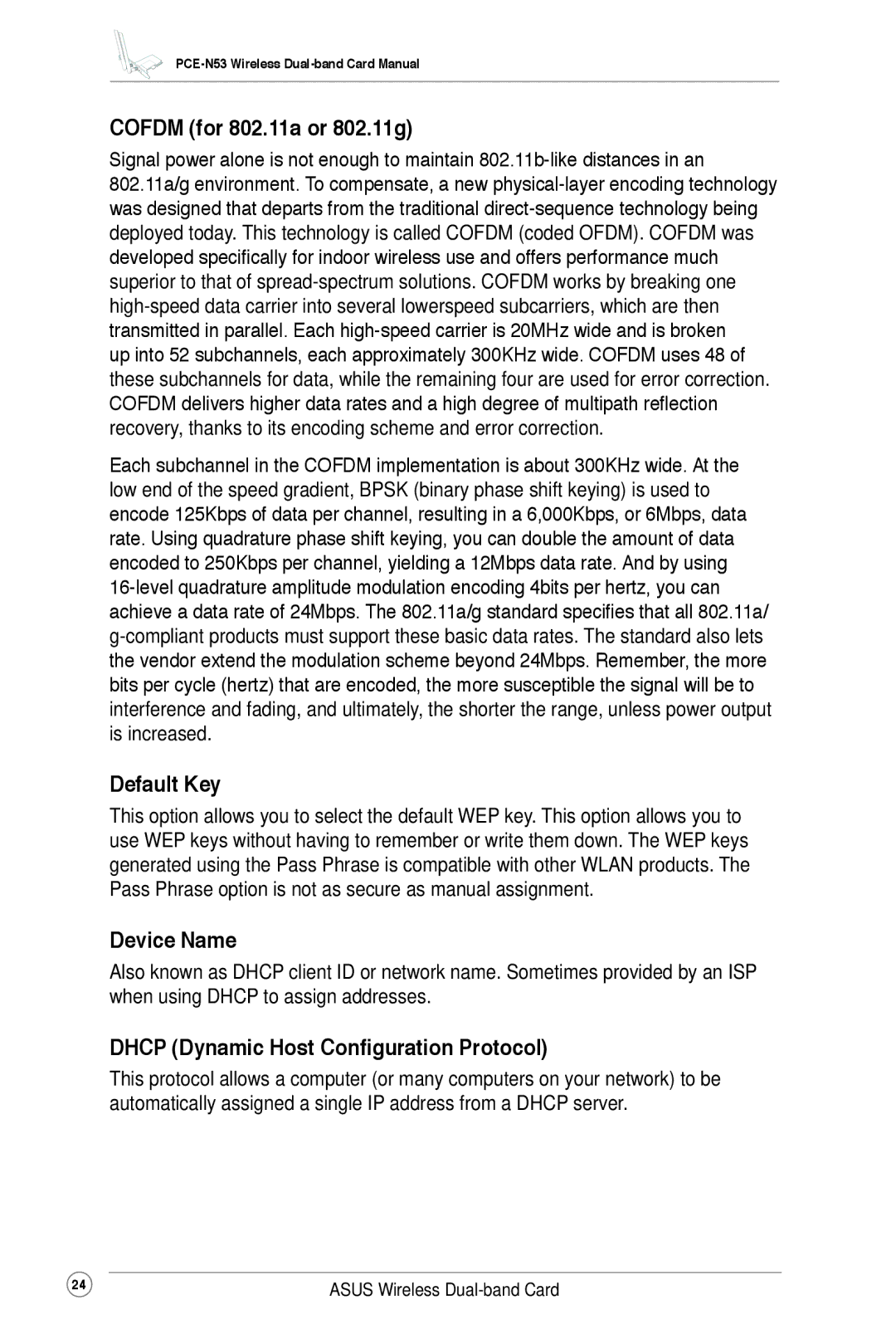 Asus PCE-N53 user manual Cofdm for 802.11a or 802.11g, Default Key, Device Name, Dhcp Dynamic Host Configuration Protocol 