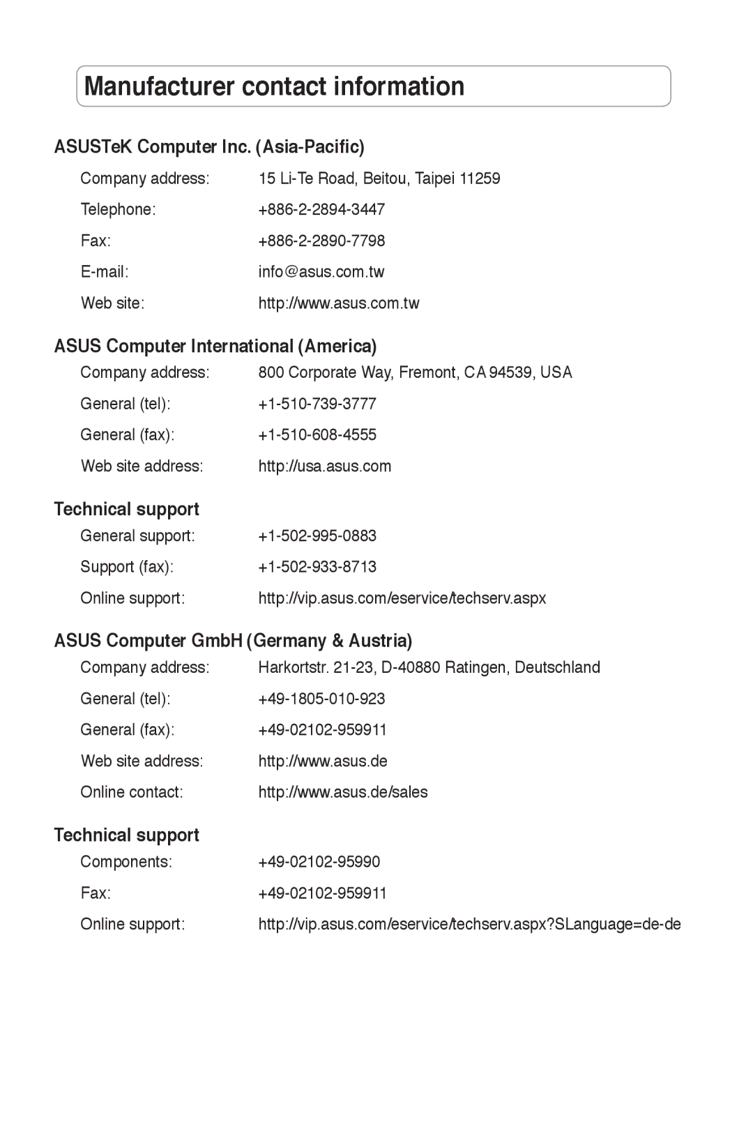 Asus PCE-N53 Manufacturer contact information, ASUSTeK Computer Inc. Asia-Pacific, Asus Computer International America 