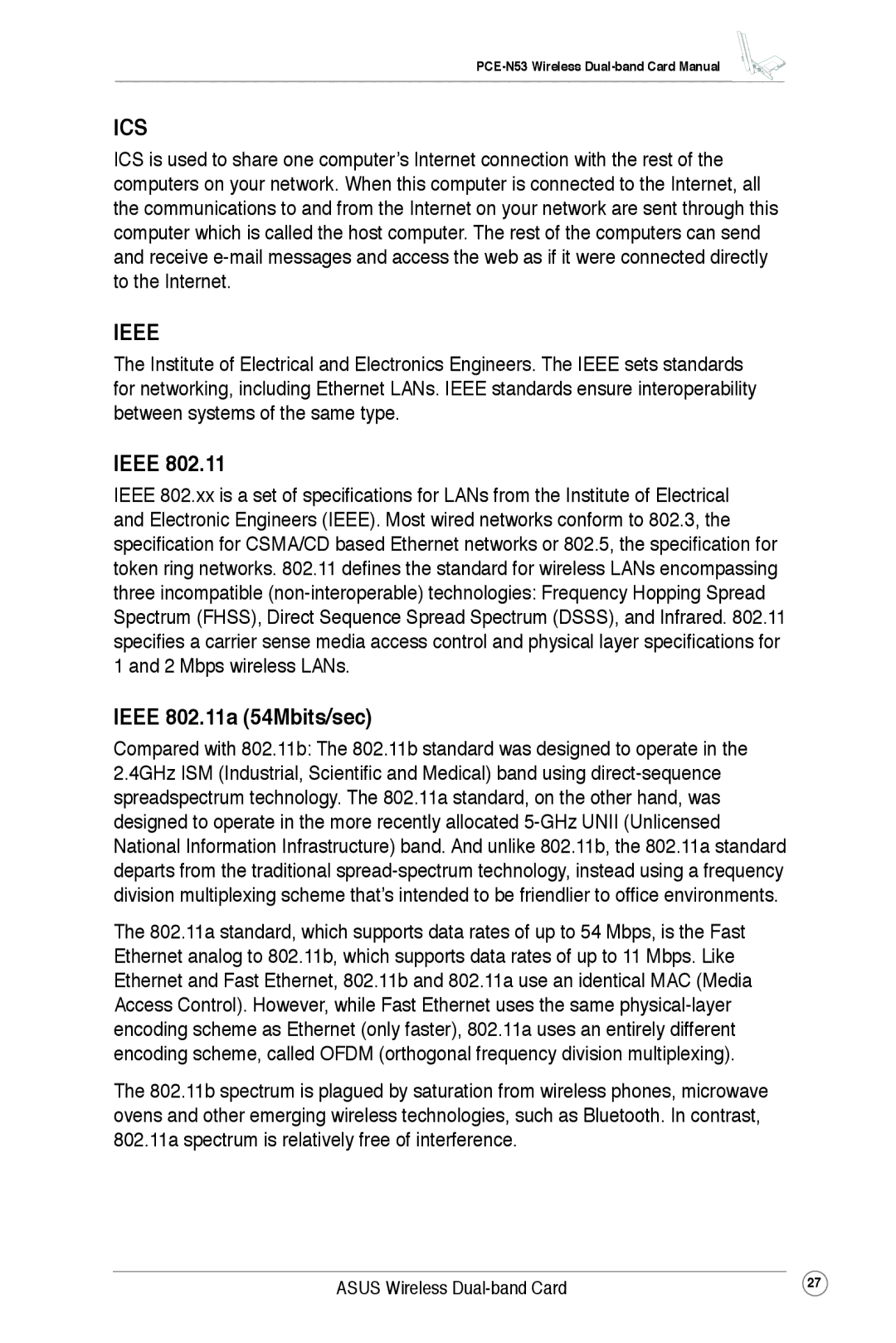 Asus PCE-N53 user manual Ieee 802.11a 54Mbits/sec 