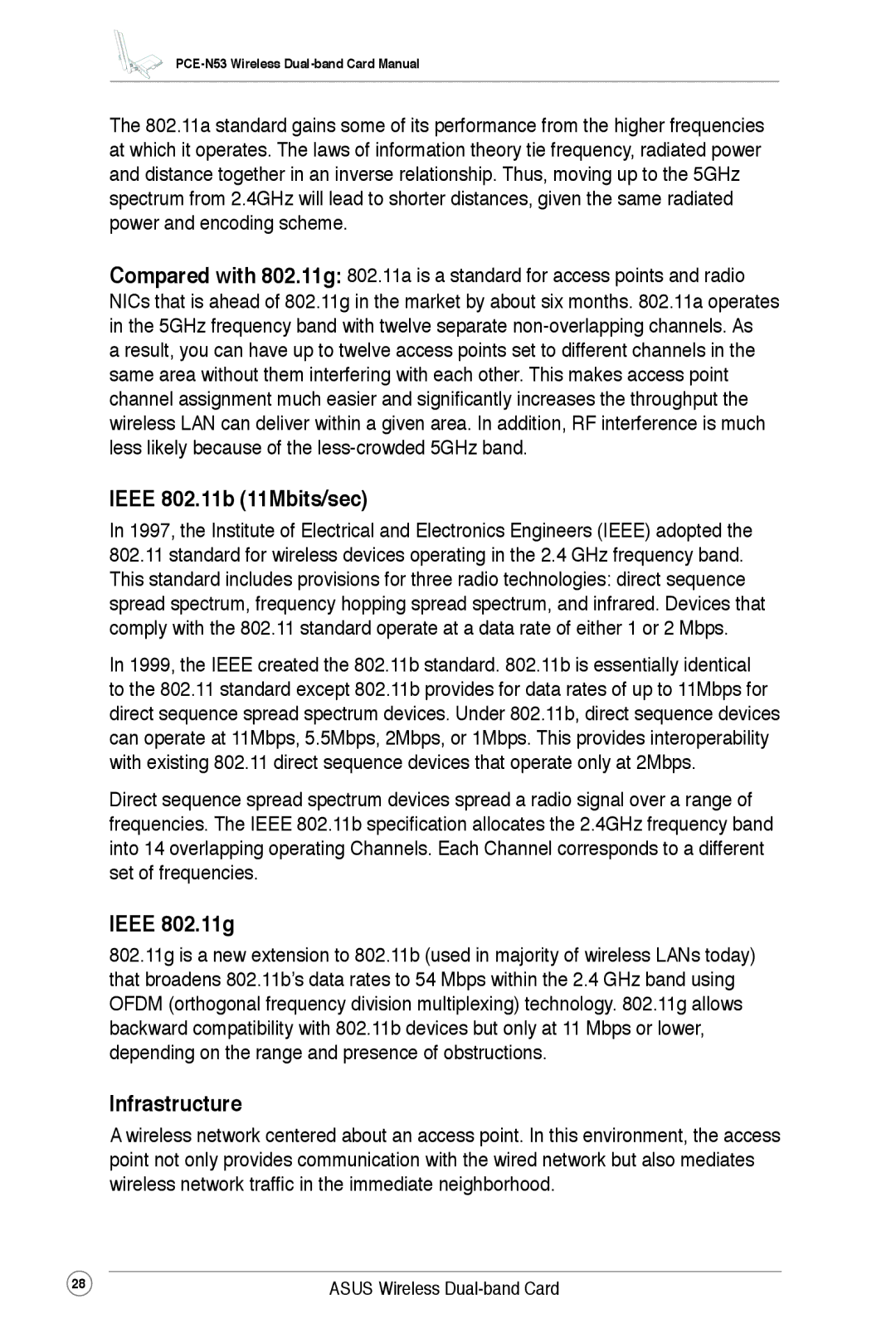 Asus PCE-N53 user manual Ieee 802.11b 11Mbits/sec, Ieee 802.11g, Infrastructure 