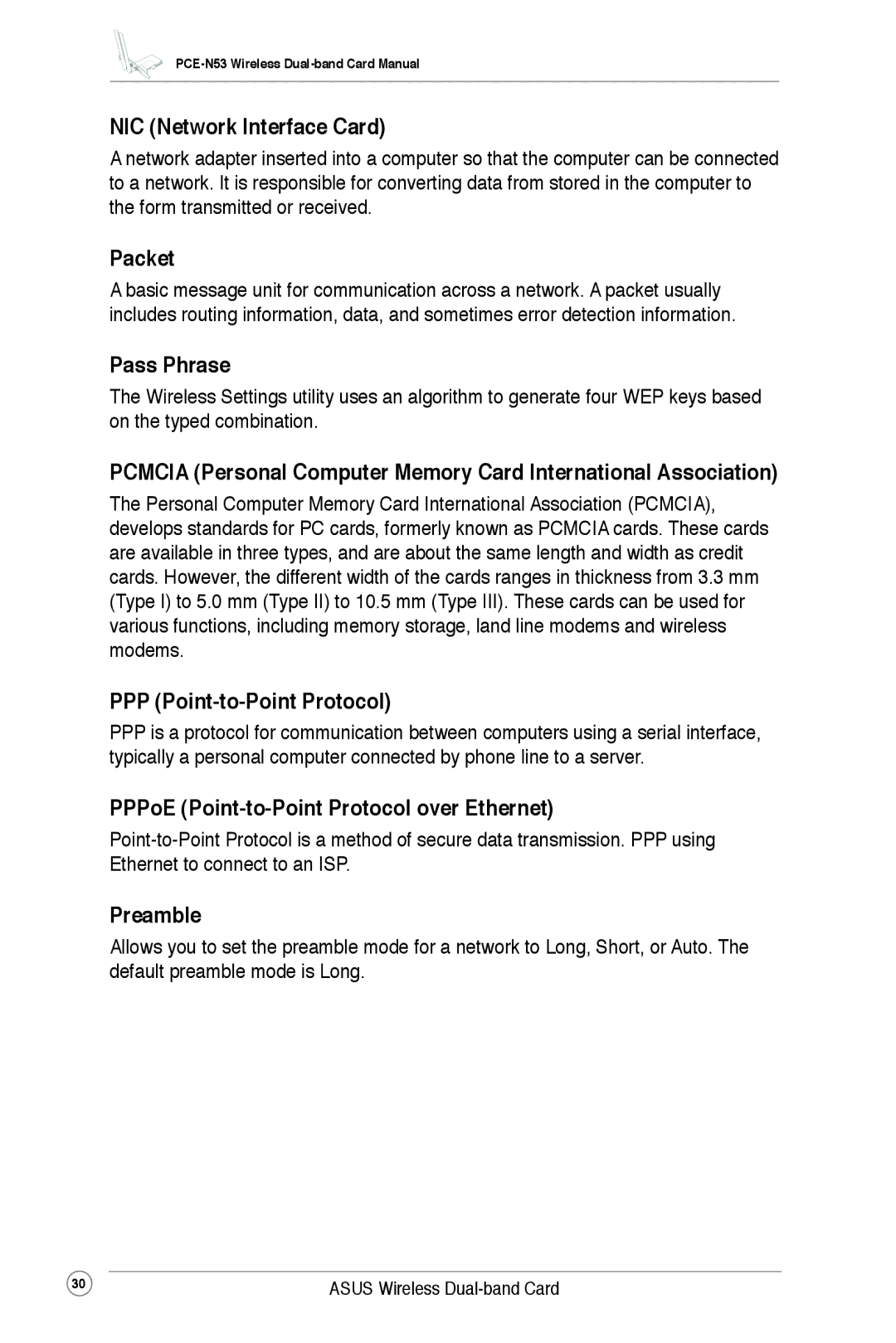 Asus PCE-N53 user manual NIC Network Interface Card, Packet, Pass Phrase, PPP Point-to-Point Protocol, Preamble 